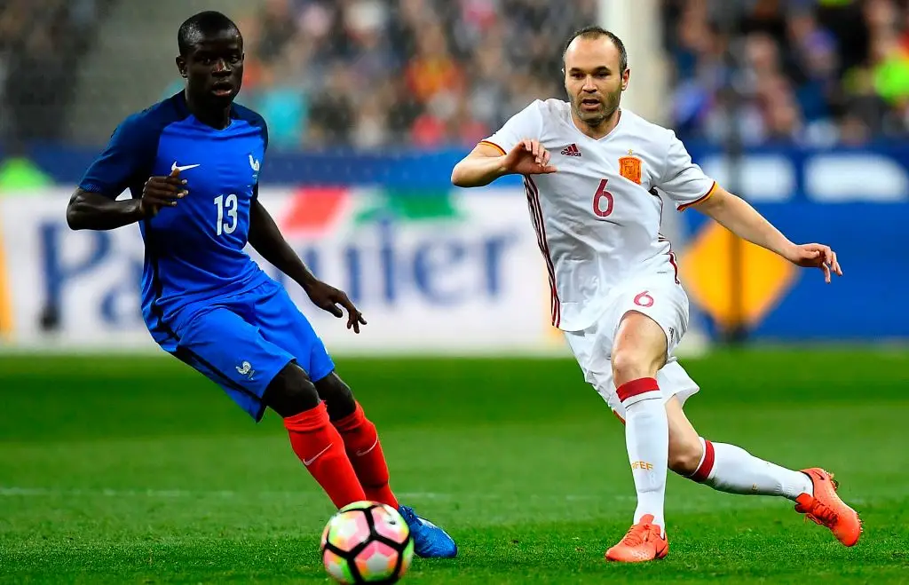 Andres Iniesta faced N'Golo Kante during a friendly match between France vs Spain in March 2017. (Image: Getty)