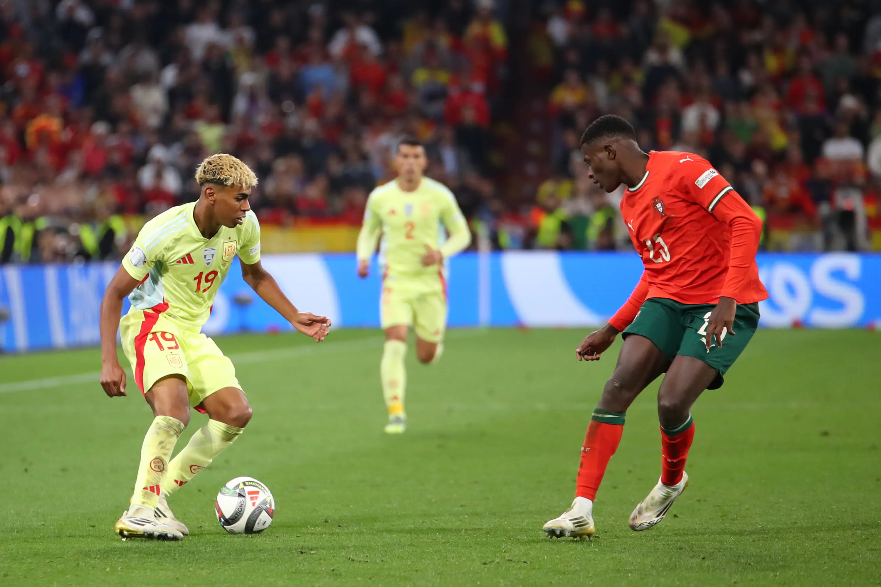 Lamine Yamal and Nuno Mendes during the Nations League final. Image: Getty 