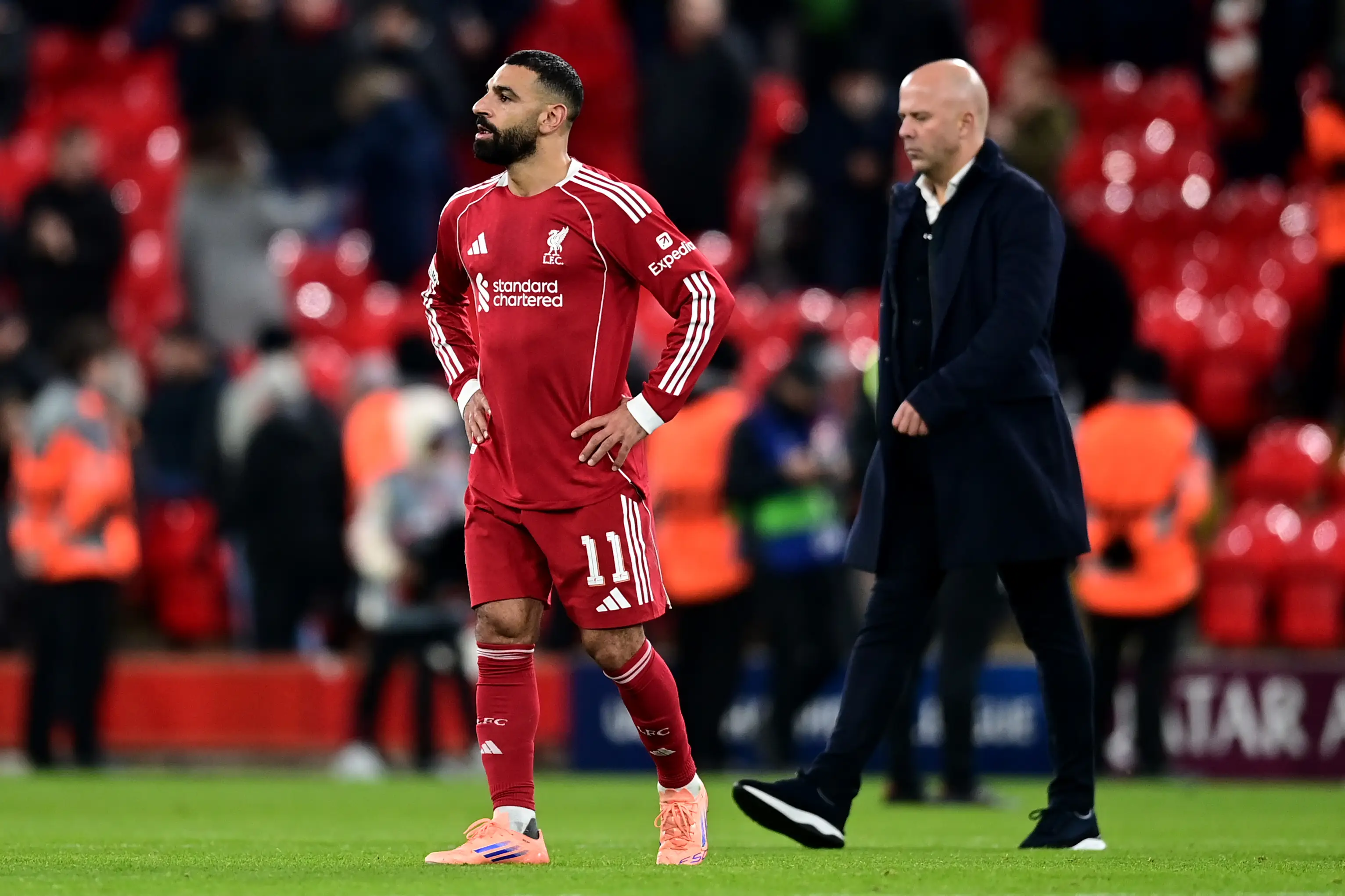 Mohamed Salah cuts a dejected figure after Liverpool's defeat to PSV Eindhoven. Image: Getty 