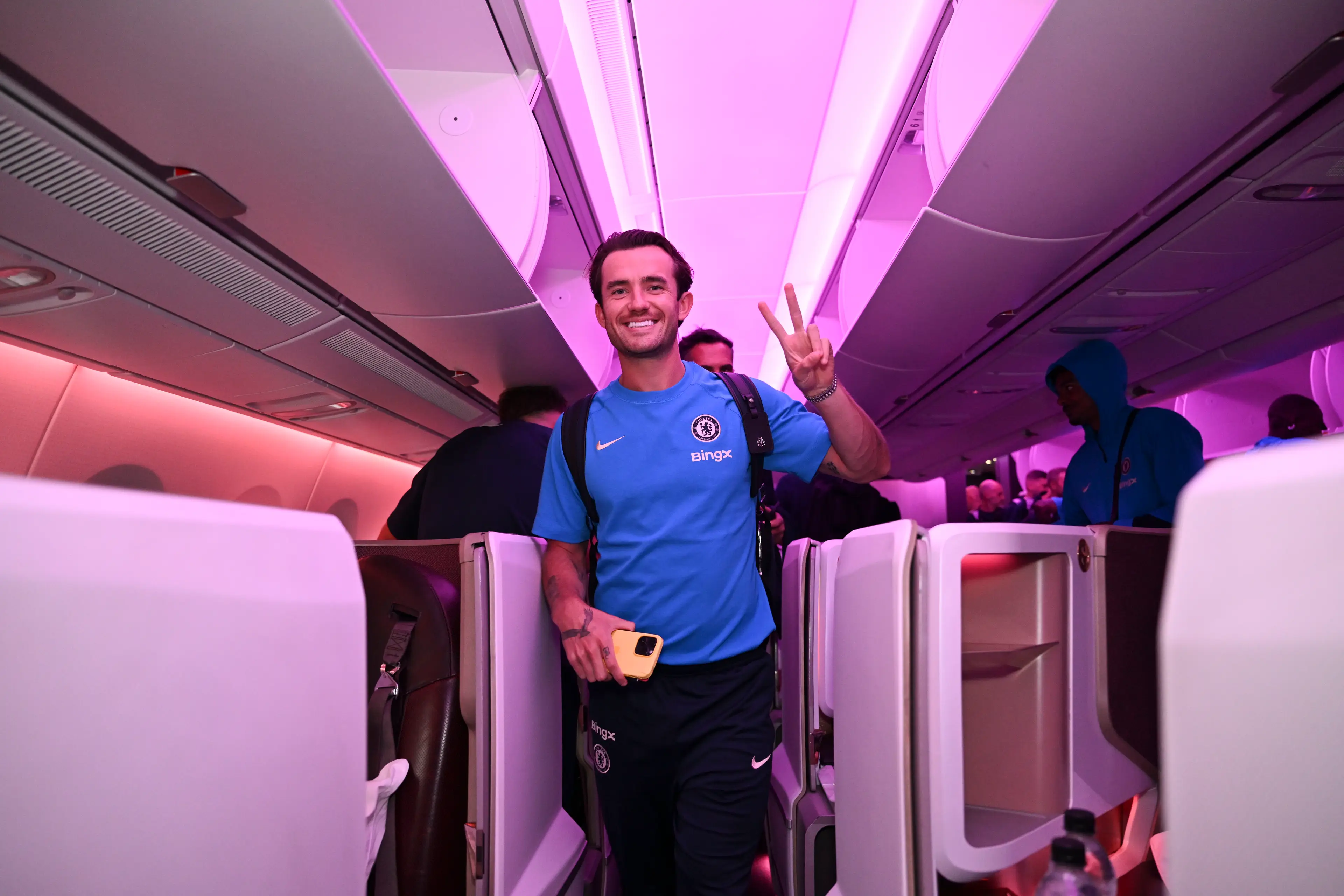 Ben Chilwell during Chelsea's flight to the United States. Image: Getty 