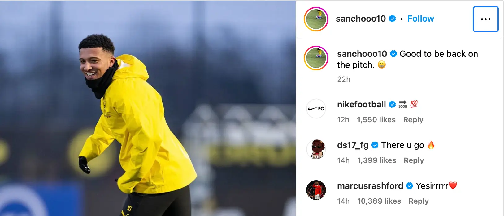 Marcus Rashford responds to Jadon Sancho's Instagram post.