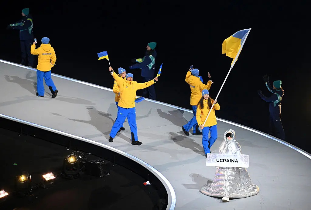 The mystery women led Ukraine's five athletes during the ceremony at San Siro. (Image: Matthias Hangst/Getty Images)