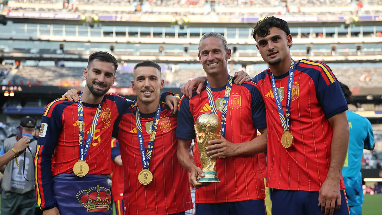 Alex Baena pictured with Spain and Atletico Madrid team-mates Alejandro Garnacho, Marcos Llorente and Marc Pubill after winning the World Cup (Image: Getty)