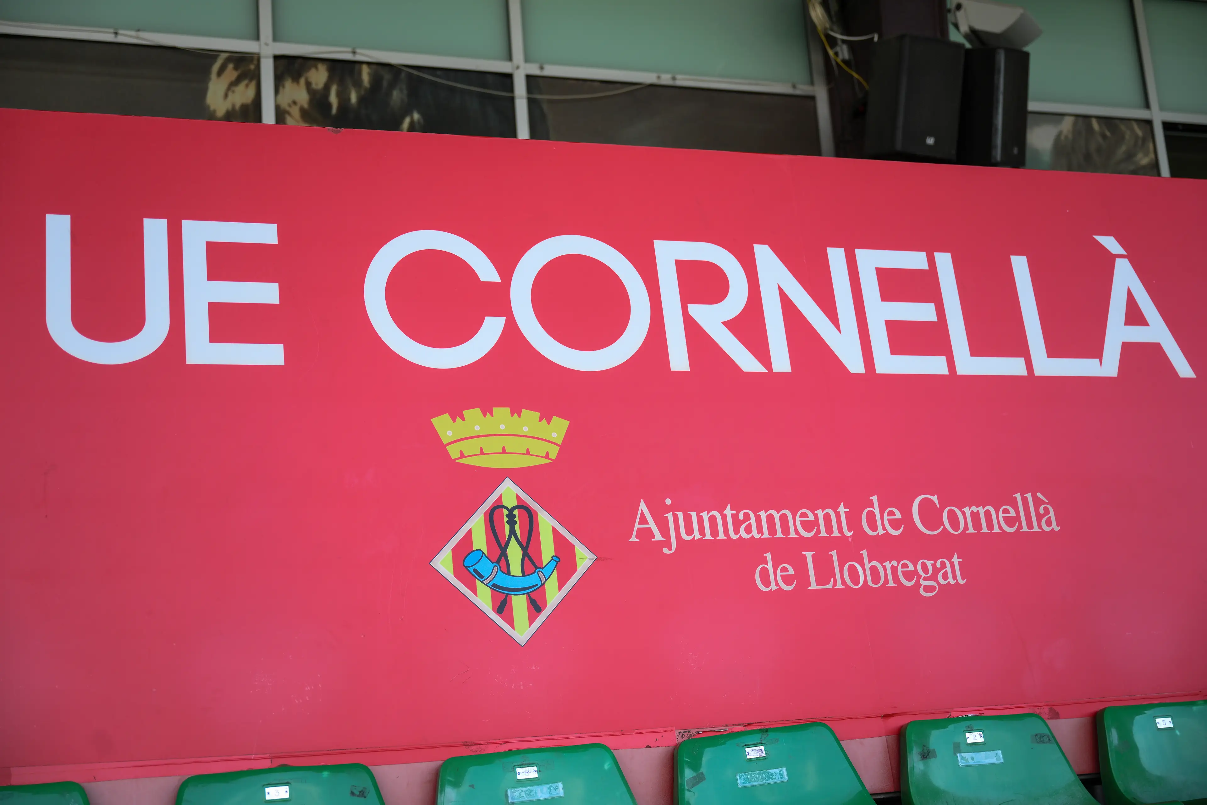 An UE Cornella sign sits on display at Estadio Municipal Cornella on April 20, 2026 in Cornella, Spain. Former FC Barcelona and Inter Miami player Lionel Messi announced the acquisition of UE Cornella. (Getty Images)
