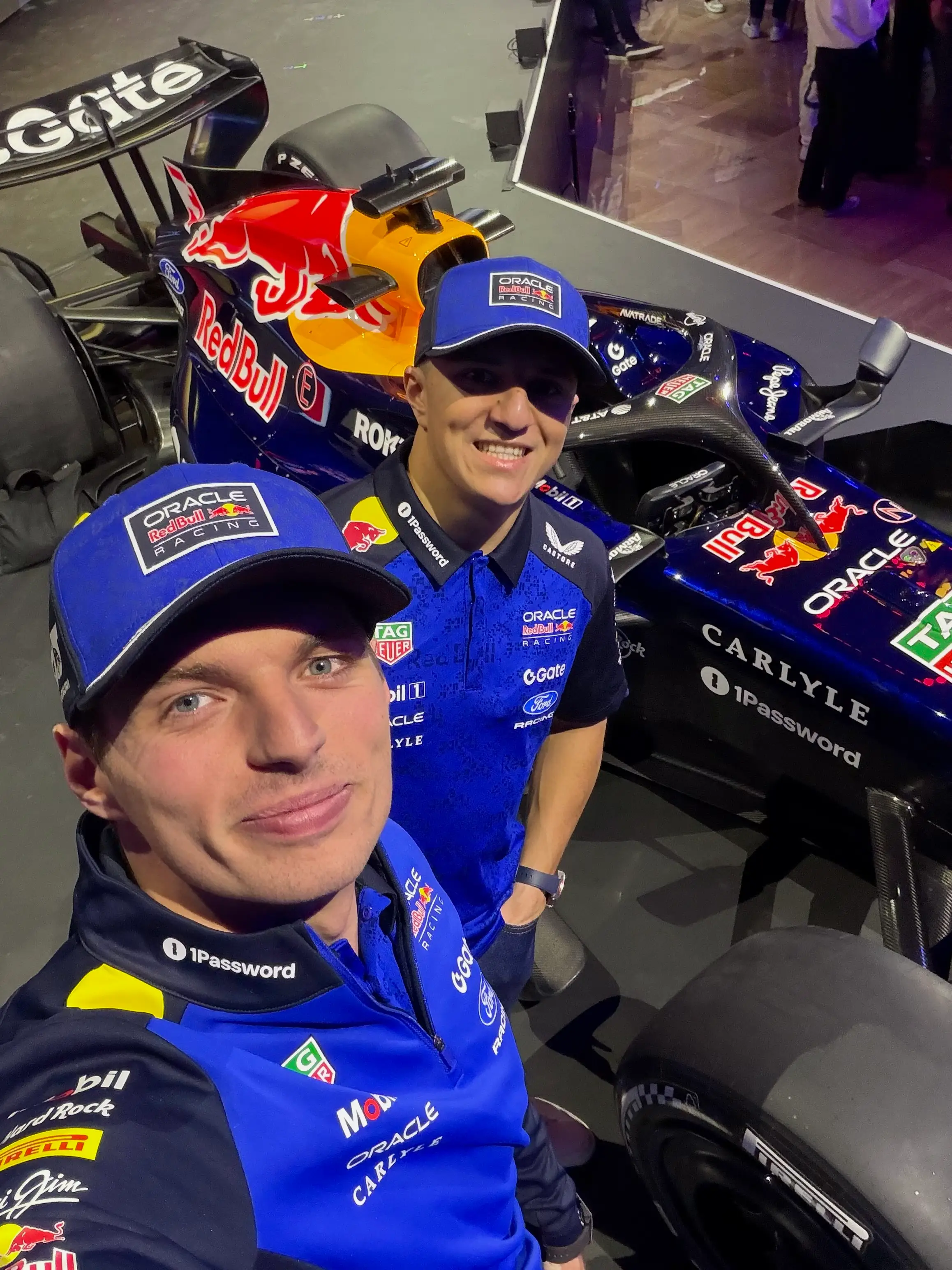 Max Verstappen and Isack Hadjar with the new Red Bull car. Image credit: x/@redbullracing