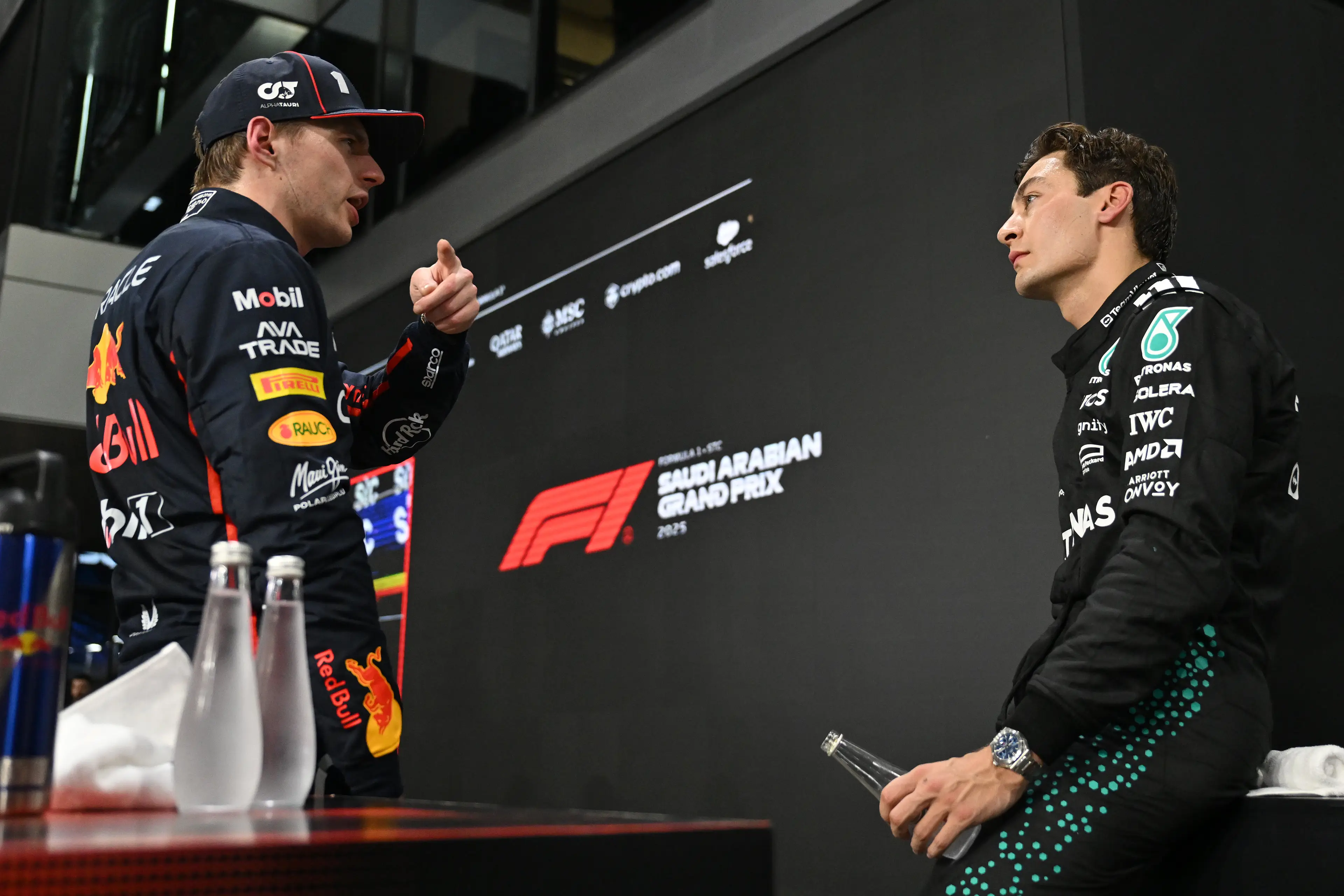 Max Verstappen and George Russell. Image: Getty