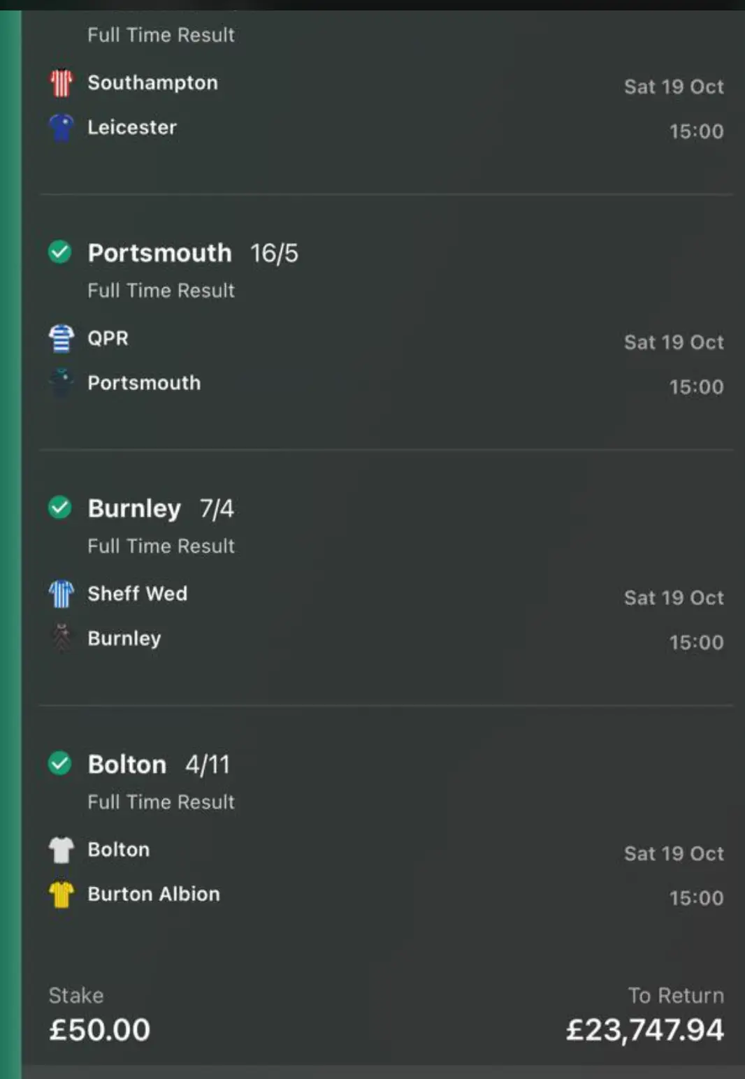 The bet won the punter nearly £24,000 (