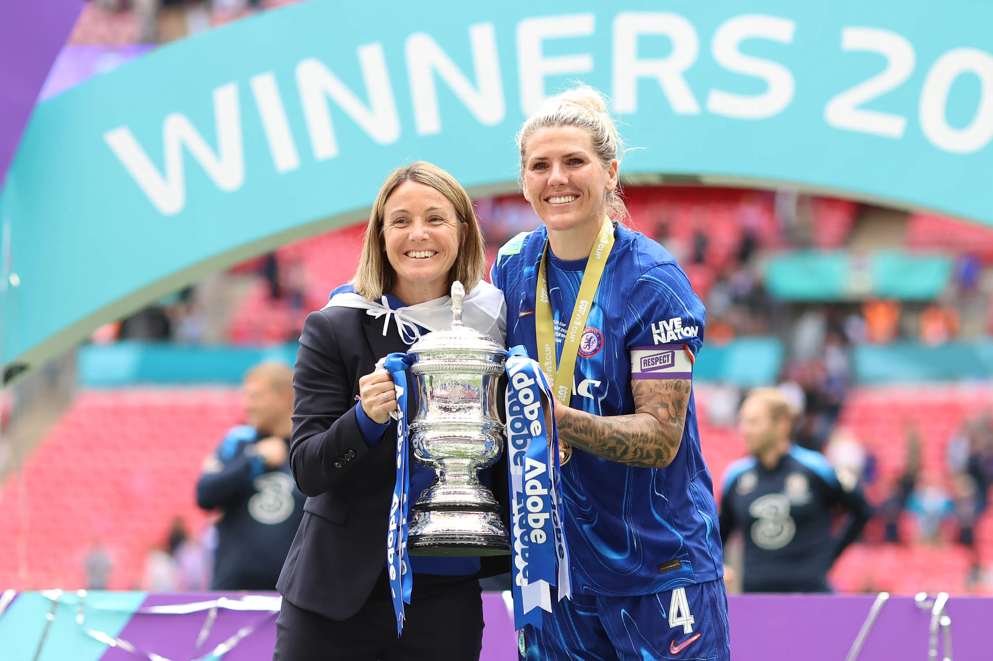 Sonia Bompastor (L) and Millie Bright (R) celebrate Chelsea's FA Cup success / Photo by Charlotte Wilson/Offside/Offside via Getty Images