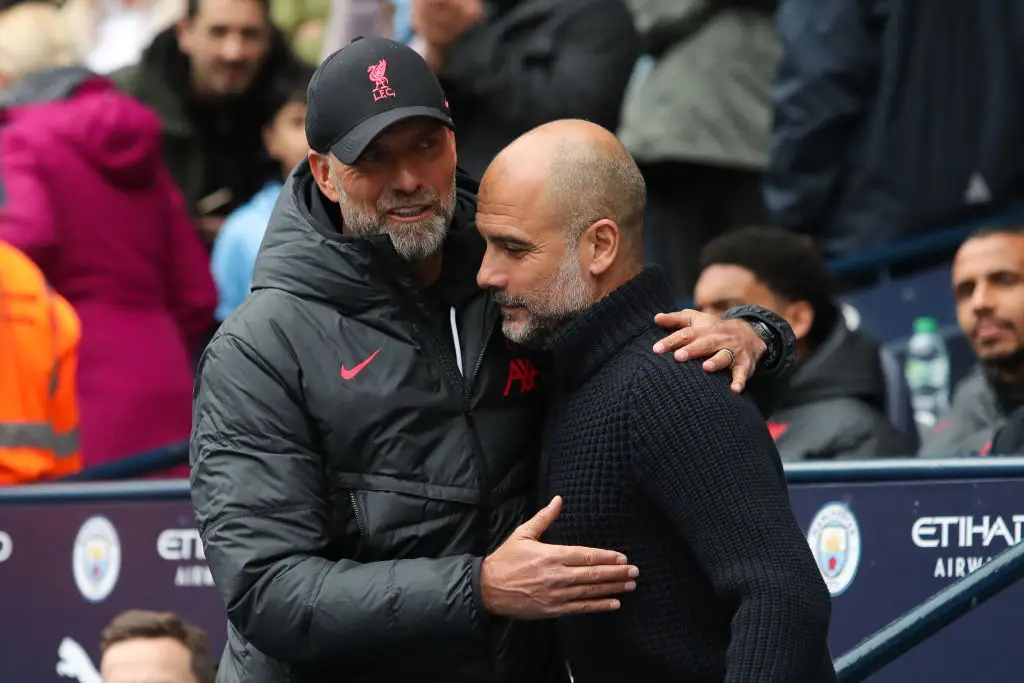 Liverpool manager Jurgen Klopp and Manchester City manager Pep Guardiola pictured (