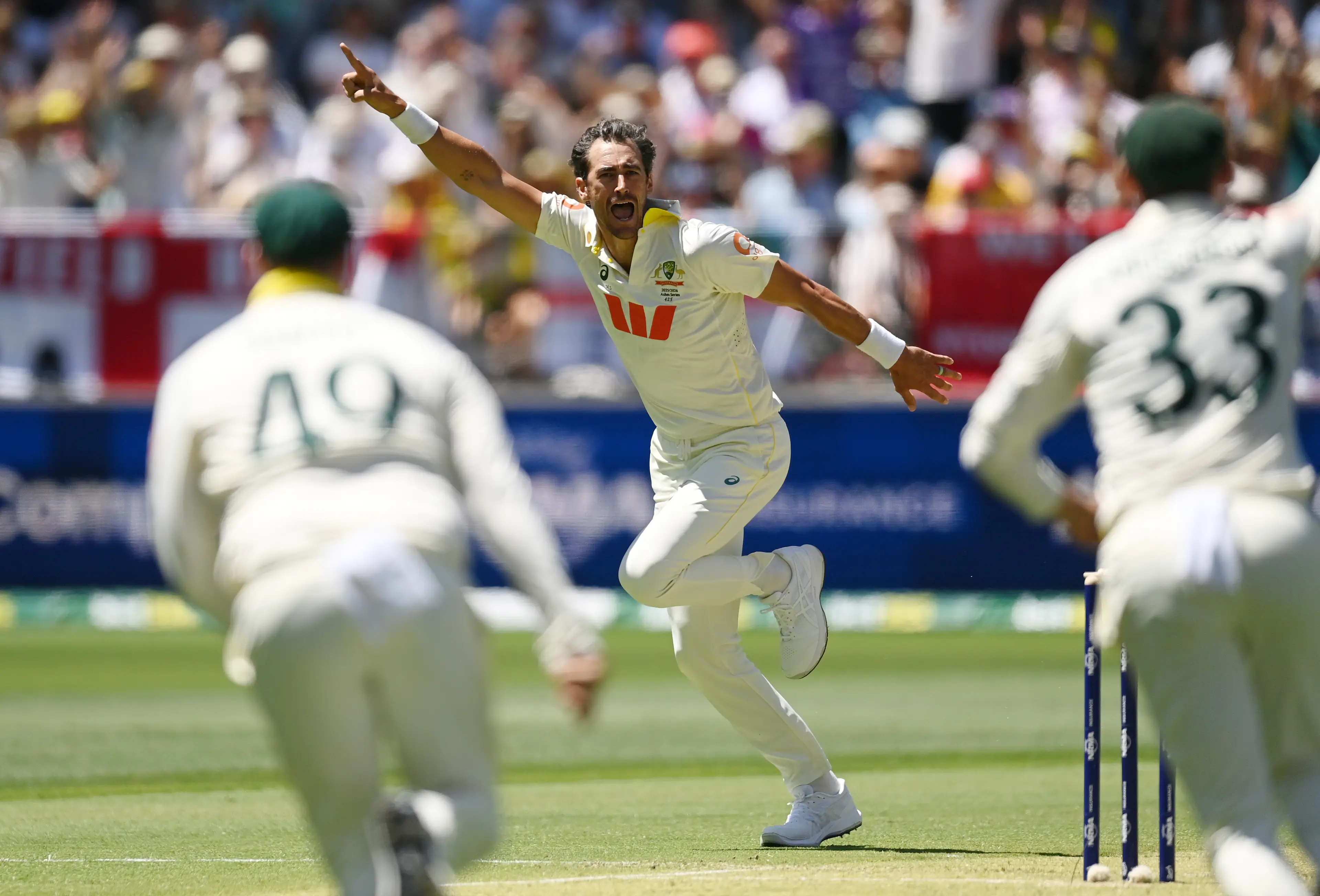 Starc celebrates after dismissing Zak Crawley. Image credit: Getty