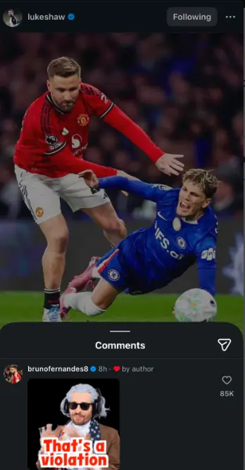 Bruno Fernandes jokingly accused Luke Shaw of ‘a violation’ (Picture: Instagram)