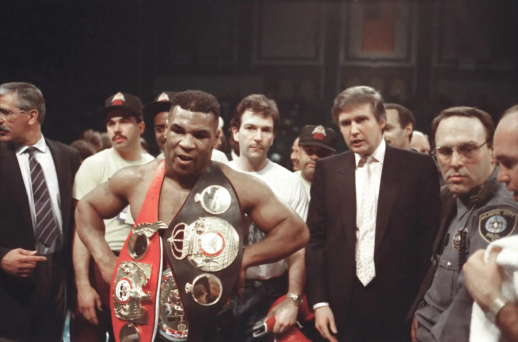 Donald Trump in the ring after a Mike Tyson fight. Image: Getty