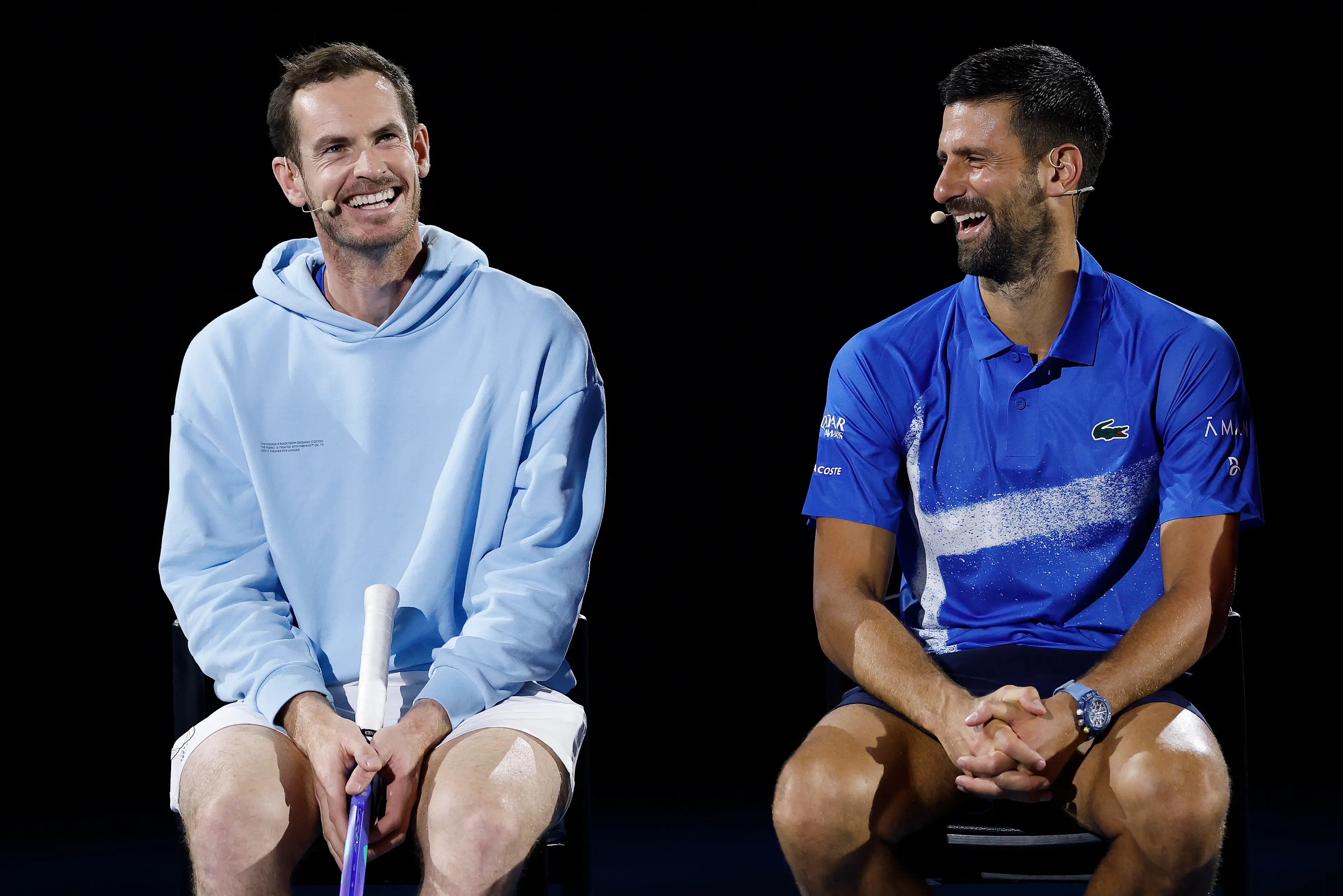Andy Murray and Novak Djokovic of Serbia are interviewed during the Night with Novak charity event ahead of the 2025 Australian Open at Melbourne Park on January 09, 2025 in Melbourne, Australia. Getty Images