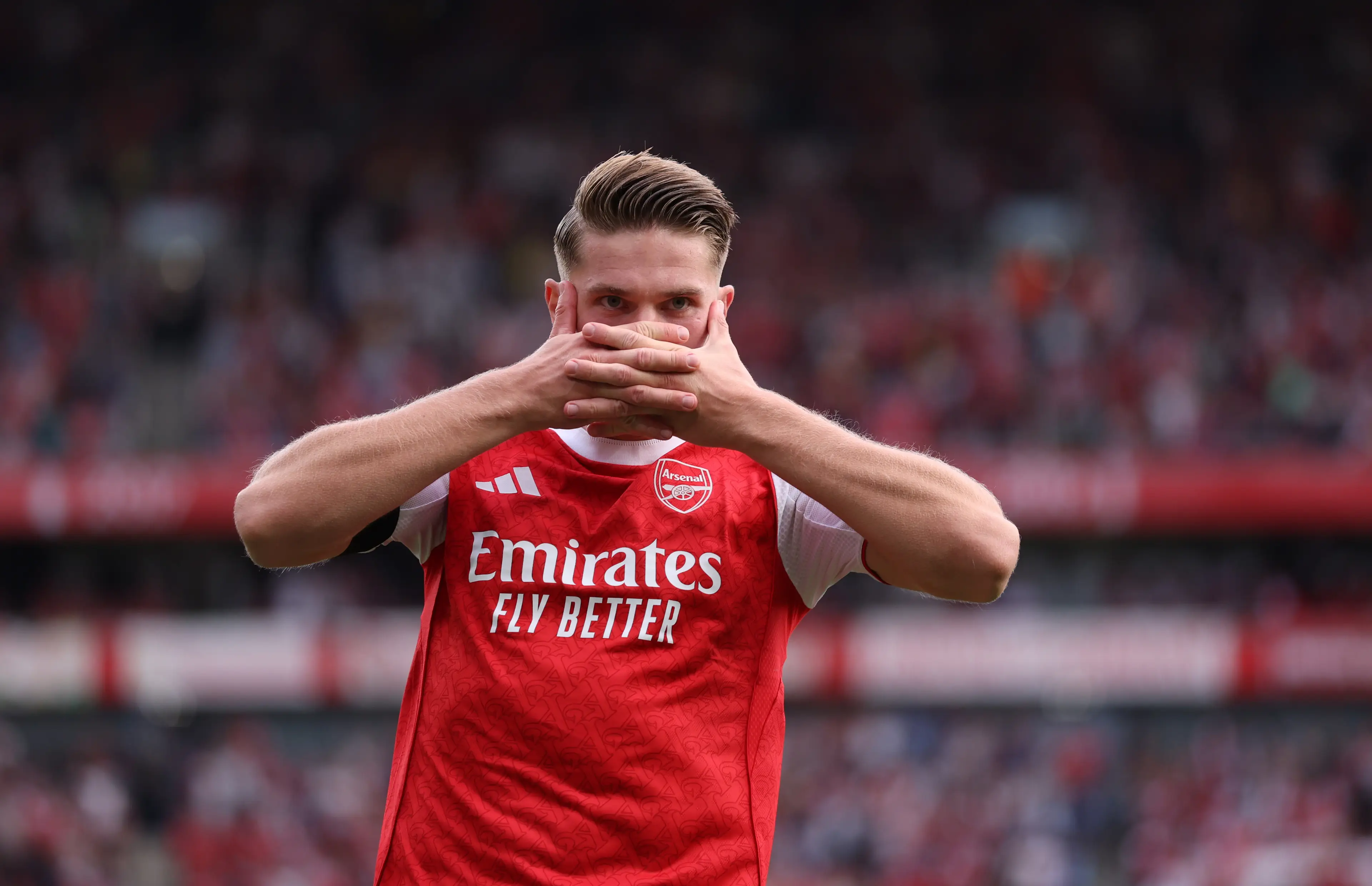 Viktor Gyokeres performed his trademark celebration after scoring his first Arsenal goal. Image: Getty 