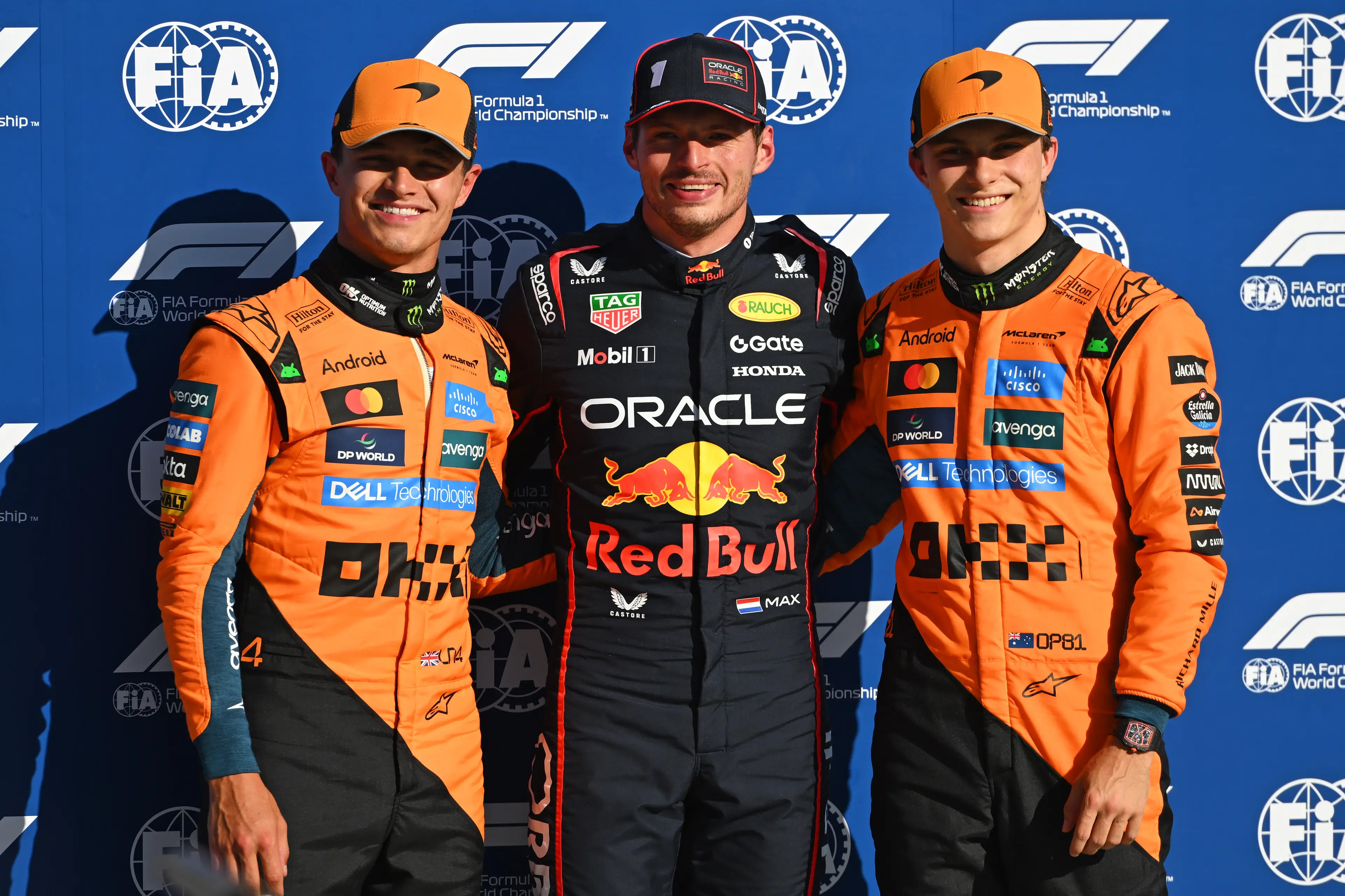 Lando Norris, Max Verstappen, Oscar Piastri. Image: Rudy Carezzevoli / Stringer via Getty