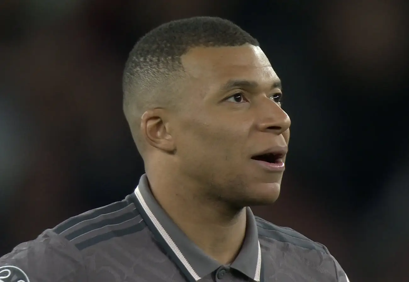 Kylian Mbappe's reaction to Declan Rice's free-kick. Image: Amazon Prime