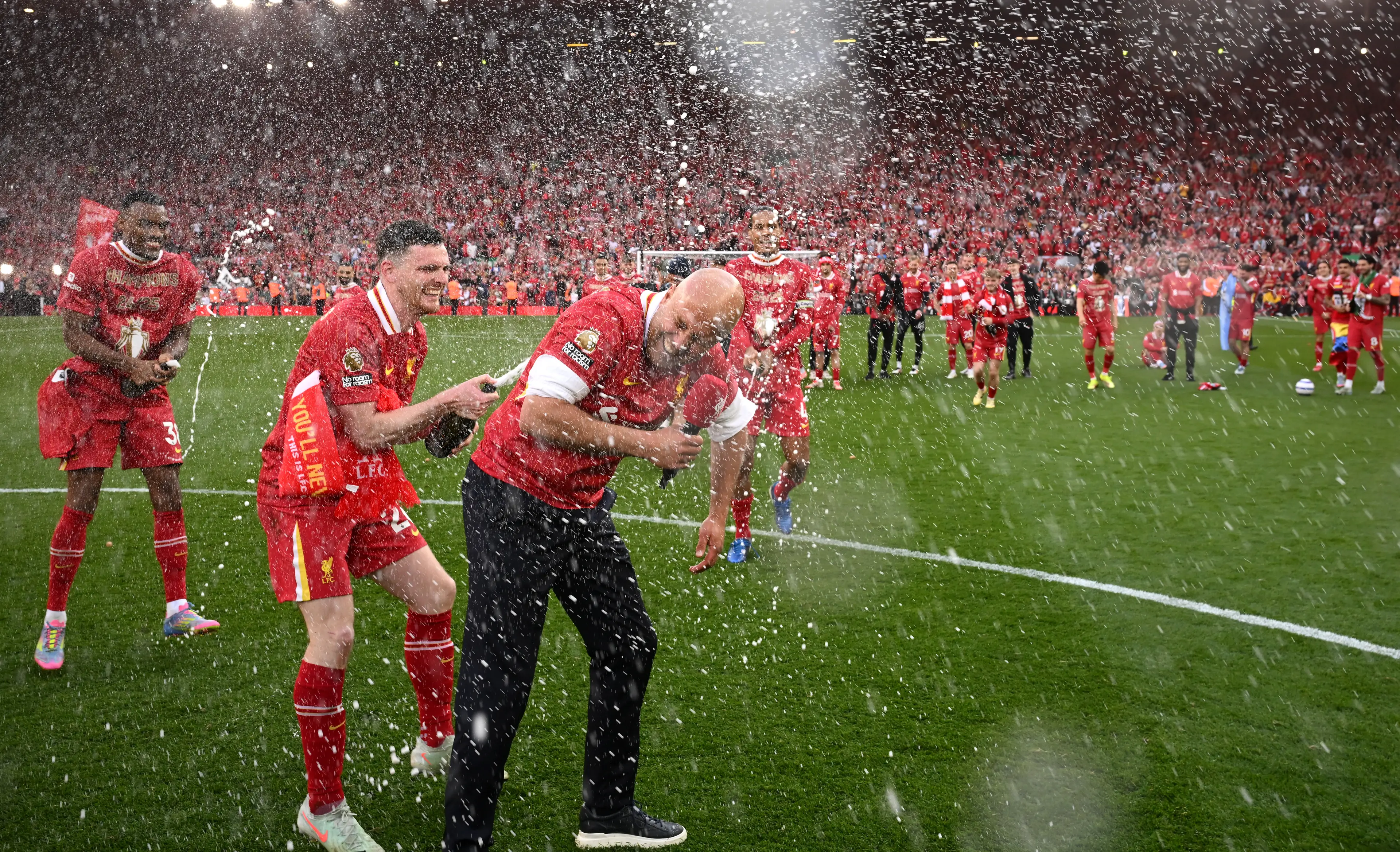 Robertson celebrates Liverpool's latest title win. Image credit: Getty
