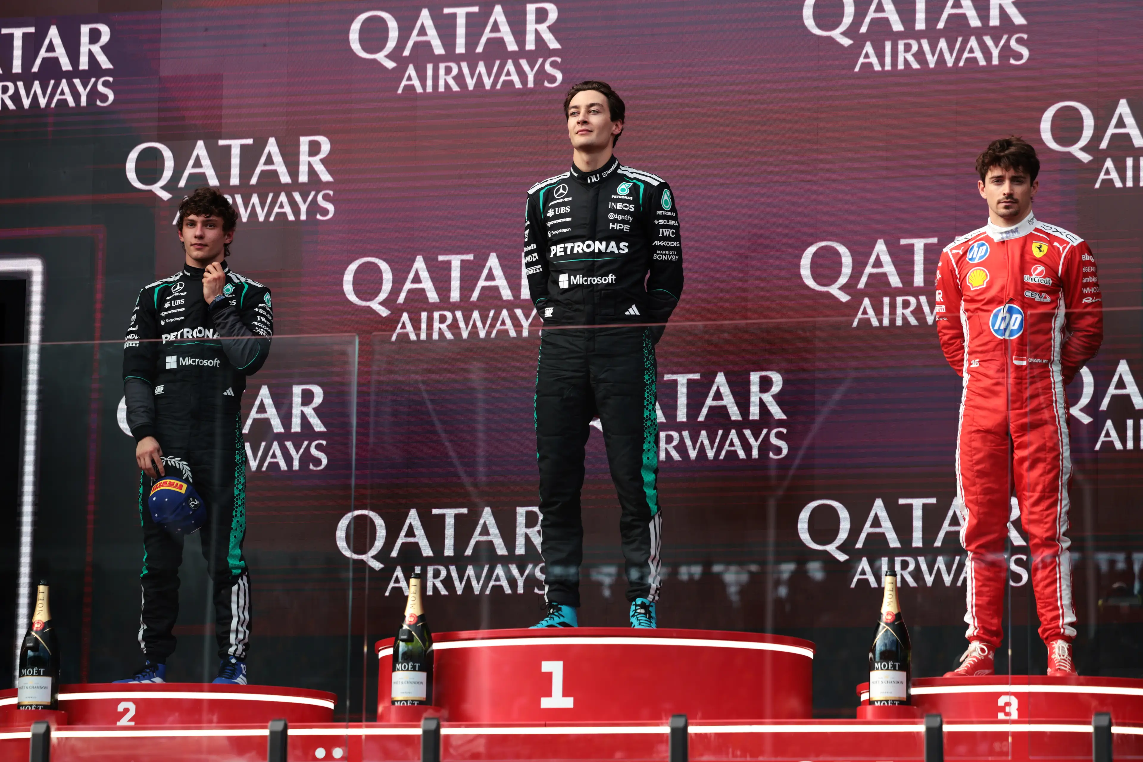Ferrari's Charles Leclerc finished behind Mercedes duo Kimi Antonelli and George Russell. Image: Getty