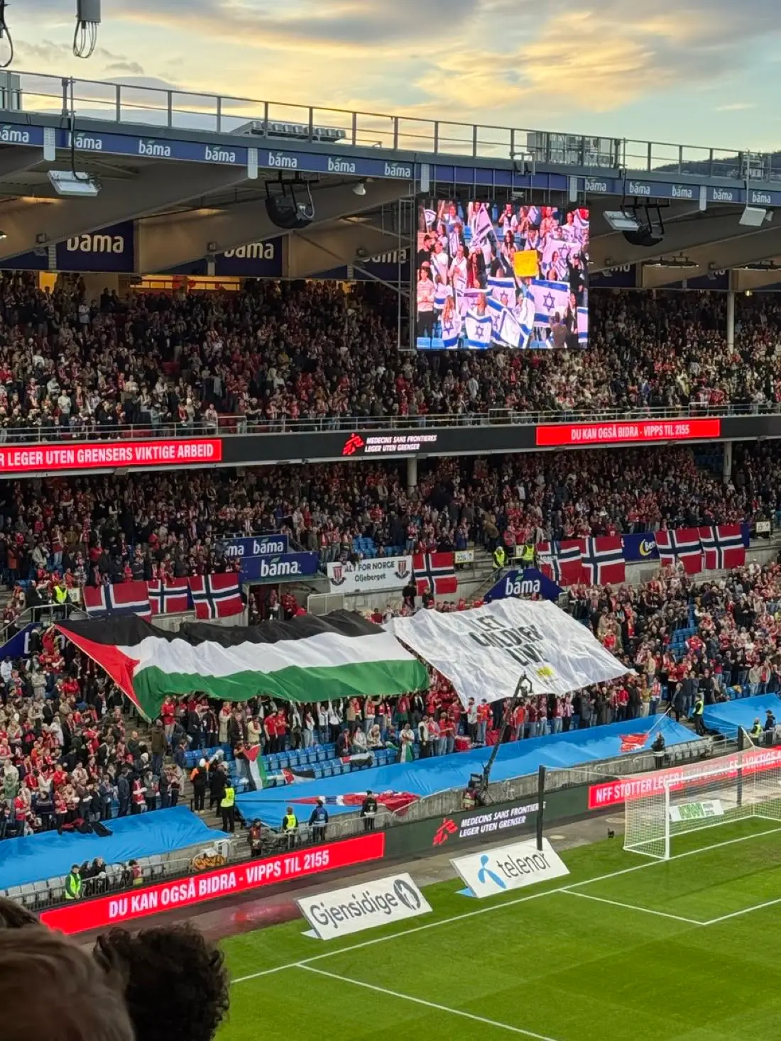 Norway fans unveil a Pro-Palestine banner prior to their game with Israel. Image: X/@leylahamed