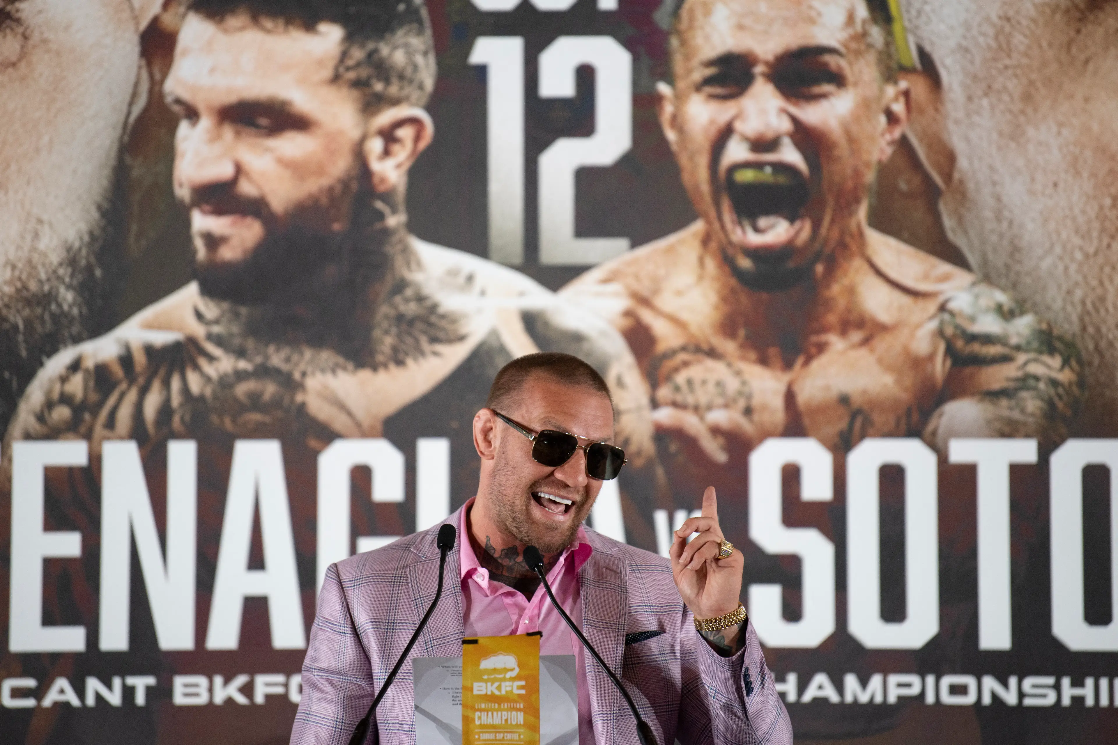 Conor McGregor speaks at a Bare Knuckle FC press conference. Image: Getty