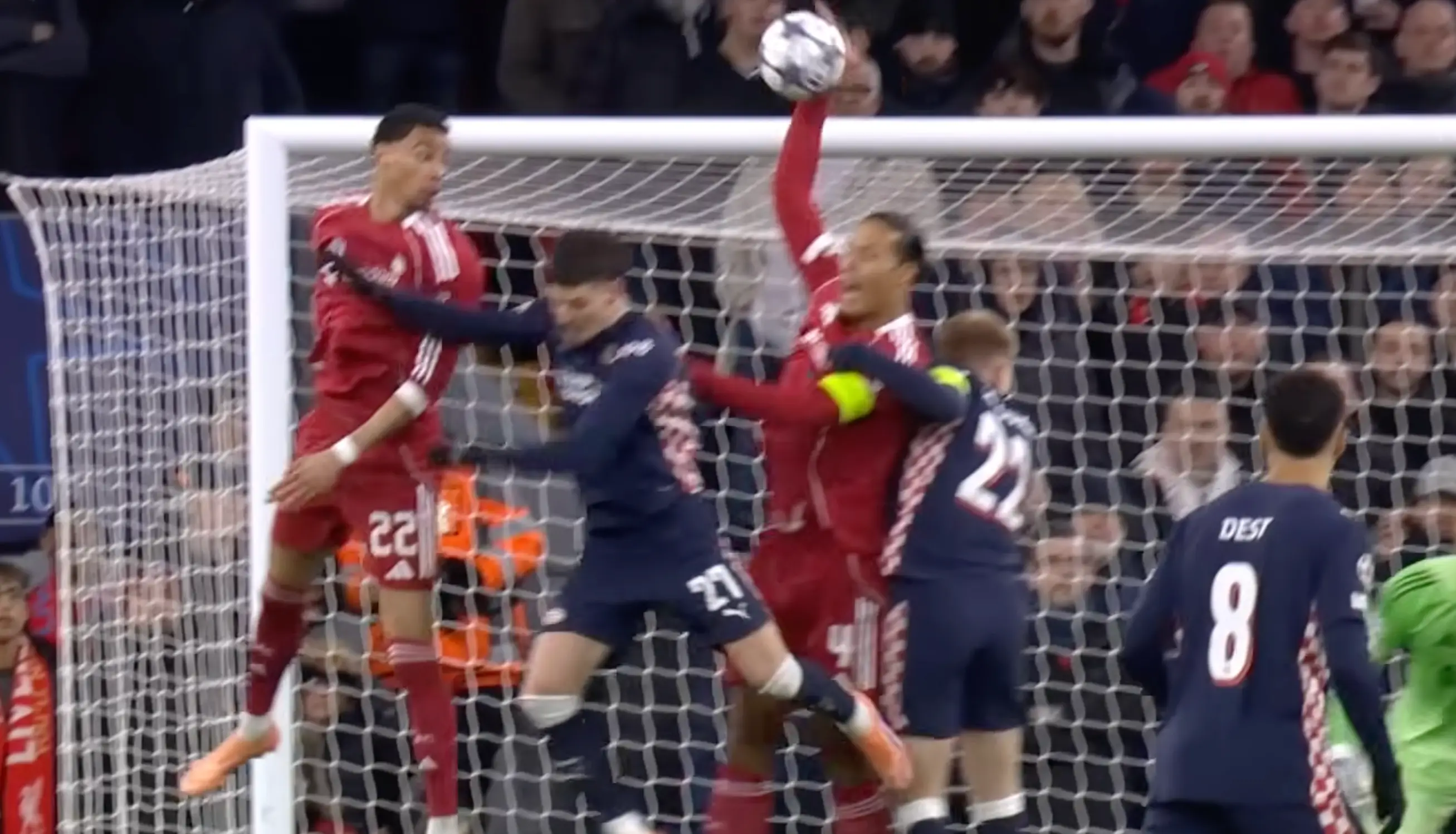 Van Dijk gave away a penalty for handball (Image: TNT Sports)