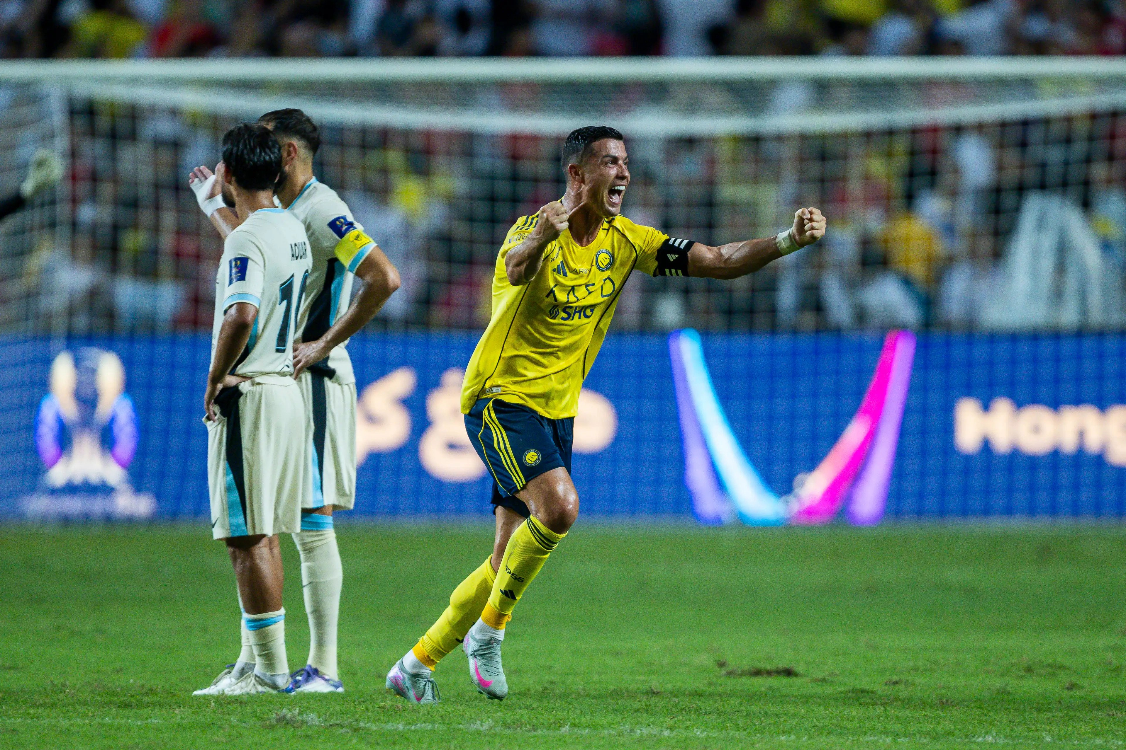 Cristiano Ronaldo celebrates after VAR overturns the on-field decision. Image: Getty 