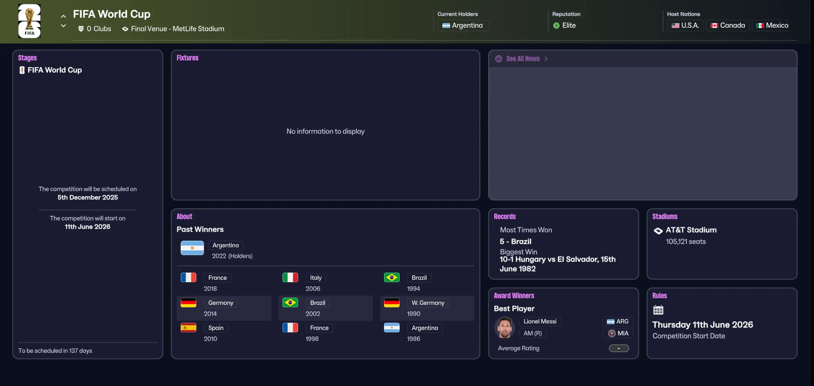 The FIFA World Cup is already licensed in FM26 but is not currently playable (Image: Football Manager 26)