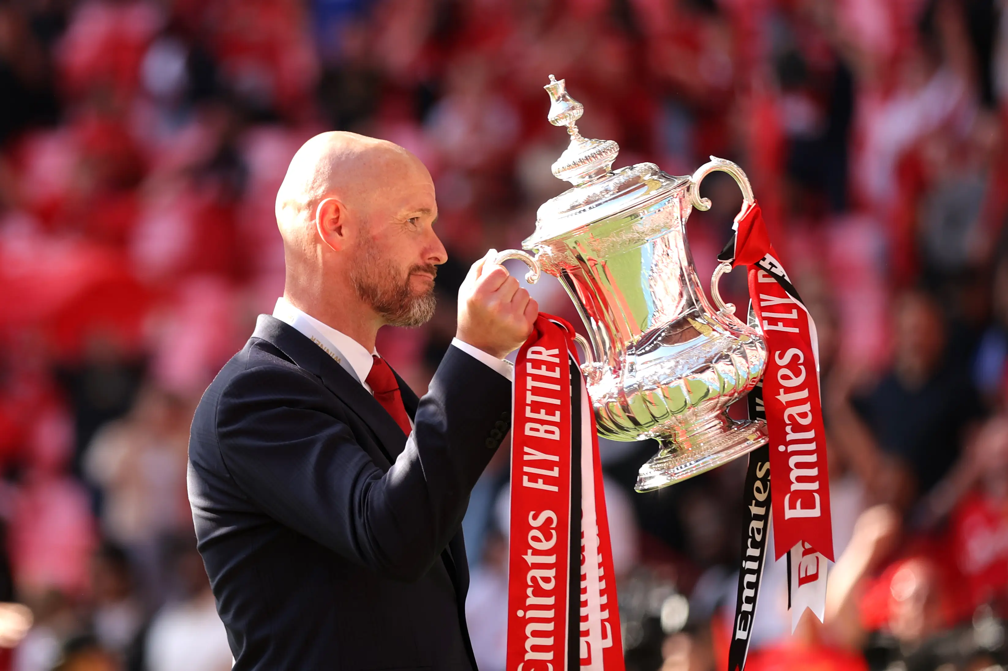 Erik ten Hag with the FA Cup trophy. Image: Alex Pantling / Staff via Getty
