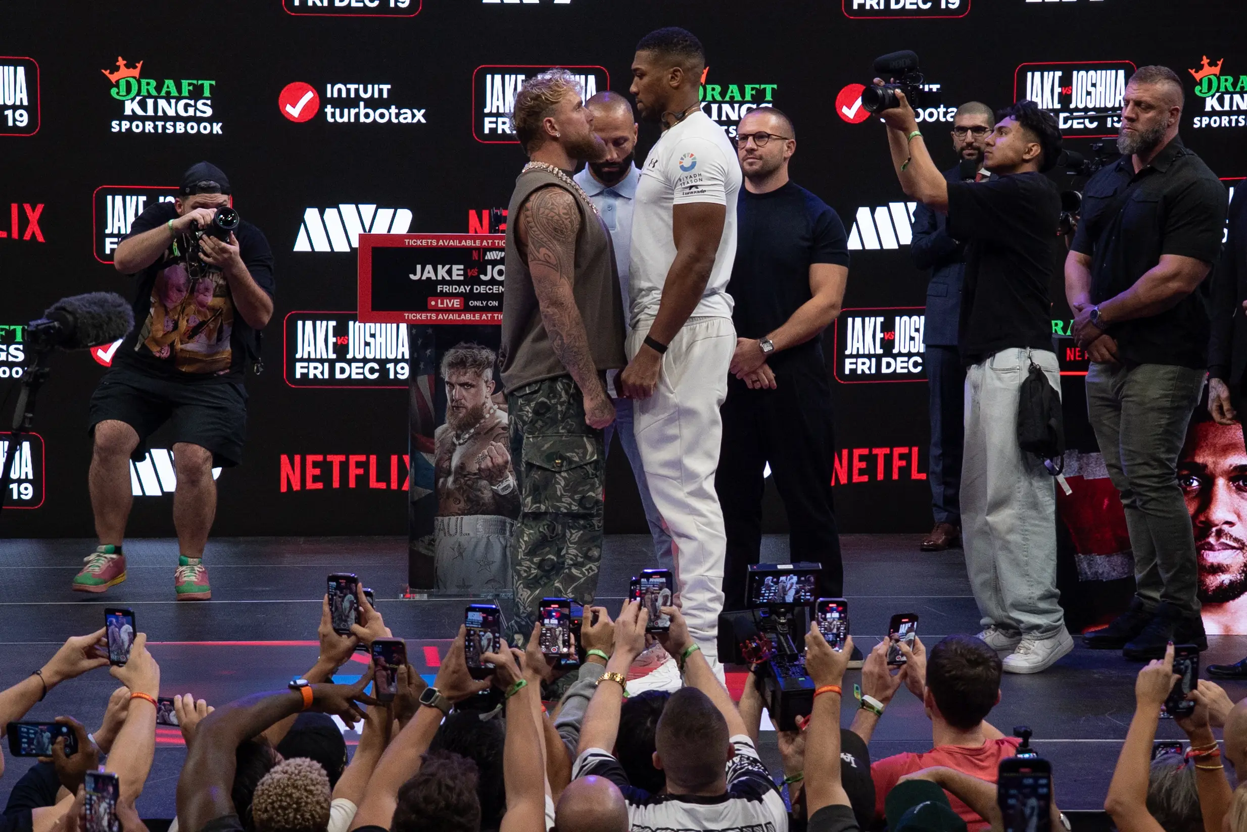 Jake Paul and Anthony Joshua faced off at the launch press conference. Image: Getty 