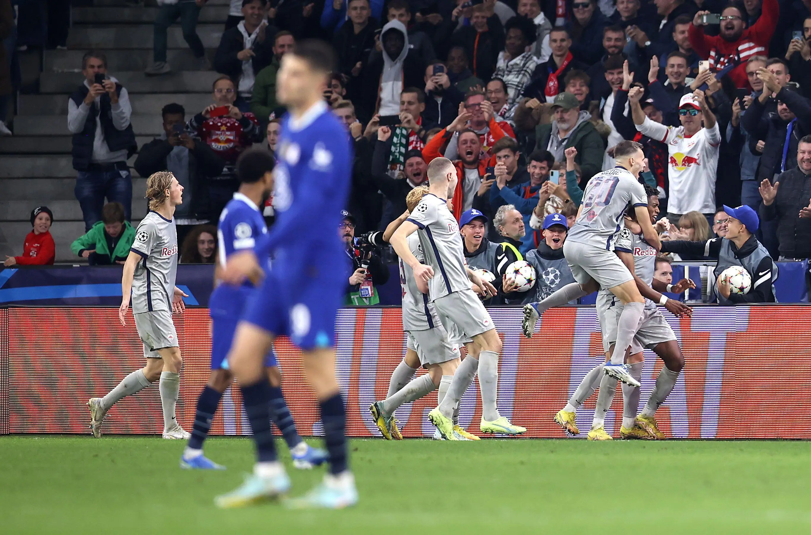 FC Salzburg celebrate their goal against Chelsea. (Alamy)