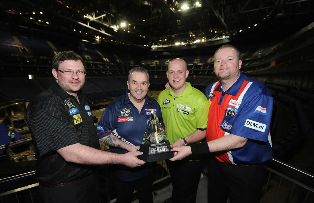 James Wade, Phil Taylor, Michael van Gerwen and Raymond van Berneveld in 2013 (Credit:Getty)