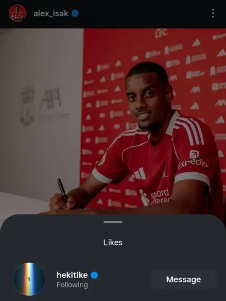 Huko Ekitike liked Alexander Isak's post about signing for Liverpool. Image: Getty