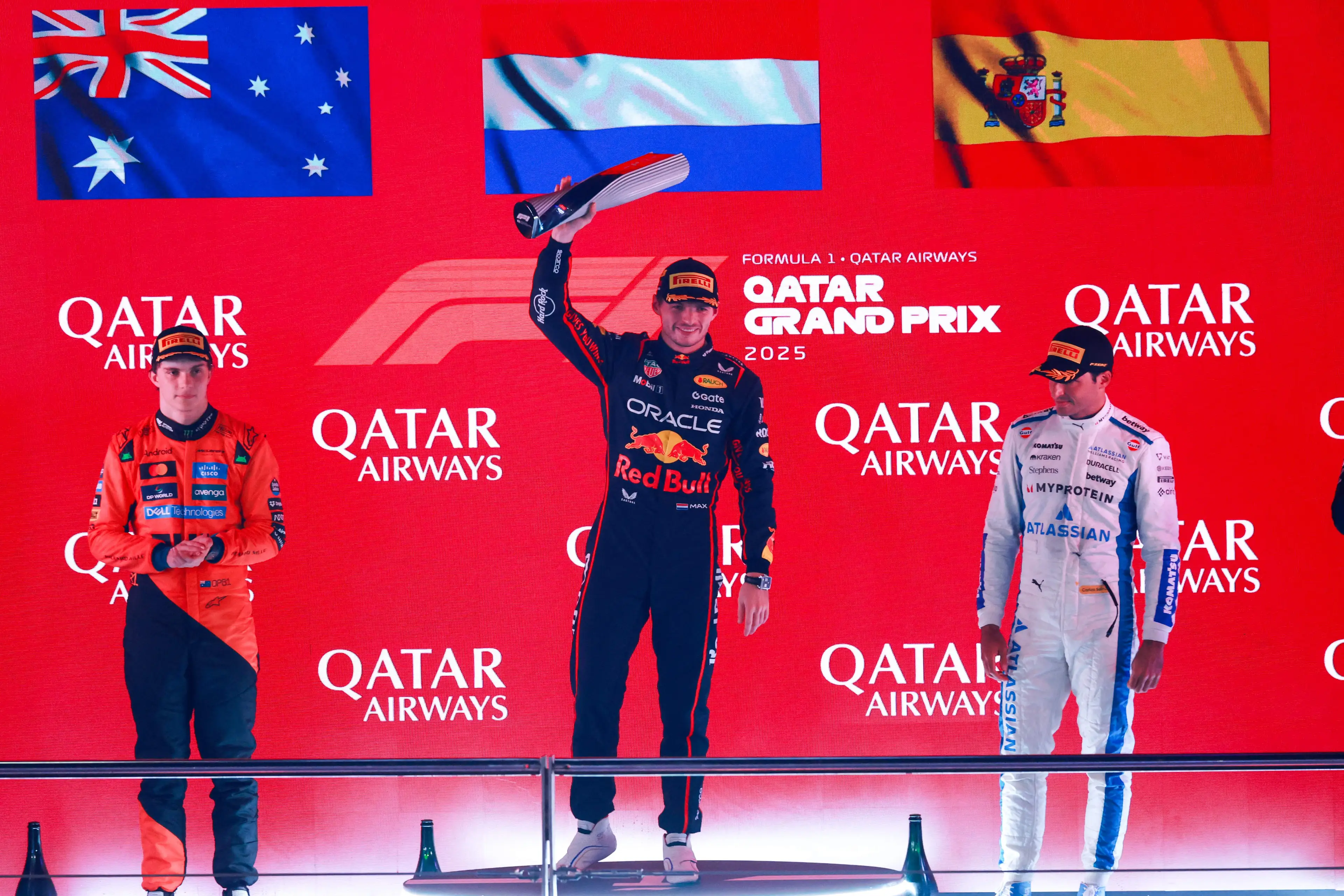 Max Verstappen celebrates winning the Qatar Grand Prix. Image: Getty