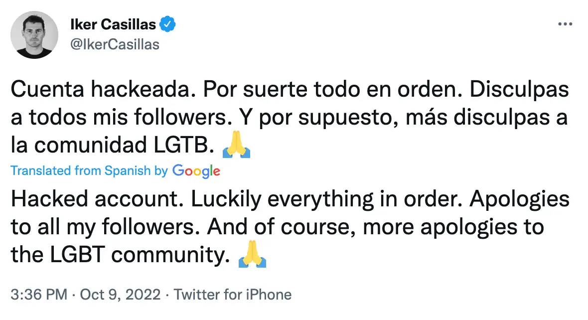 Iker Casillas' tweet on Sunday afternoon. (Image