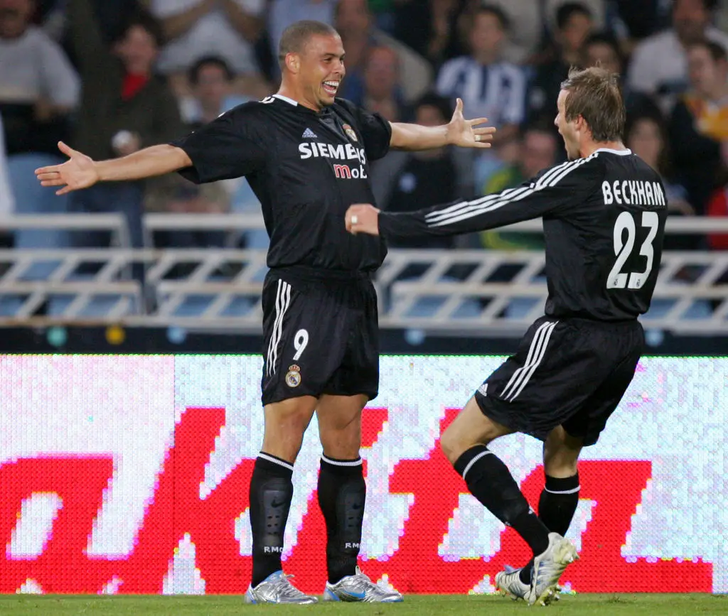 Ronaldo and David Beckham celebrate a Real Madrid goal against Real Sociedad in 2005 (Image: Getty)