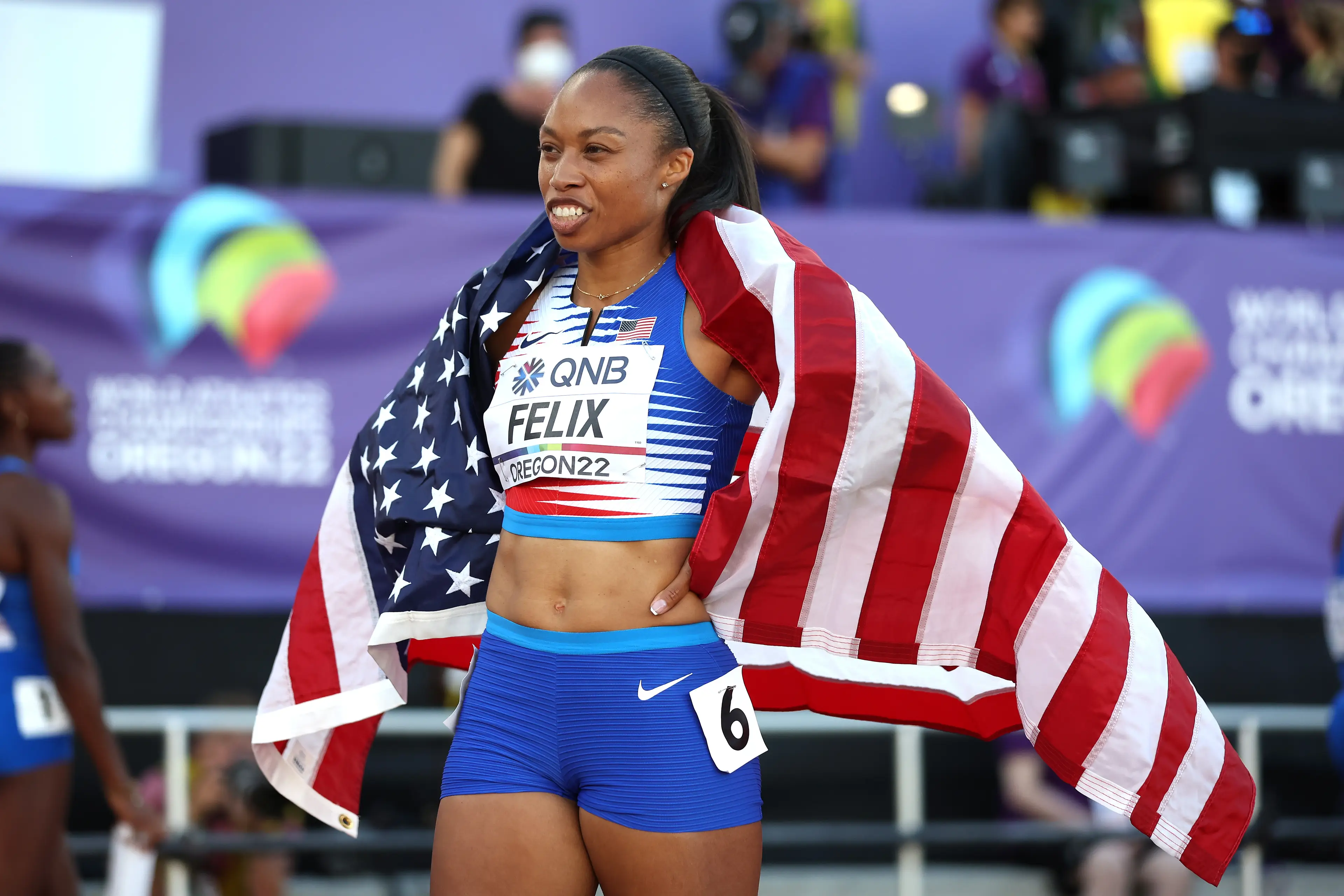 Allyson Felix of Team United States reacts after winning bronze in the 4x400m Mixed Relay Final on day one of the World Athletics Championships Oregon22 (Getty Images)