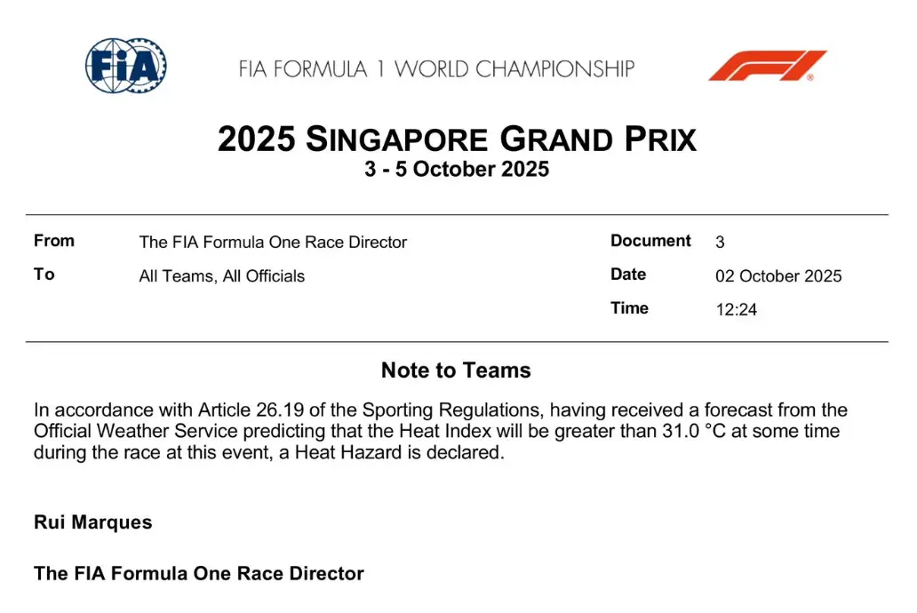 The FIA have confirmed a heat hazard is in place throughout the Singapore GP weekend (Image: FIA)
