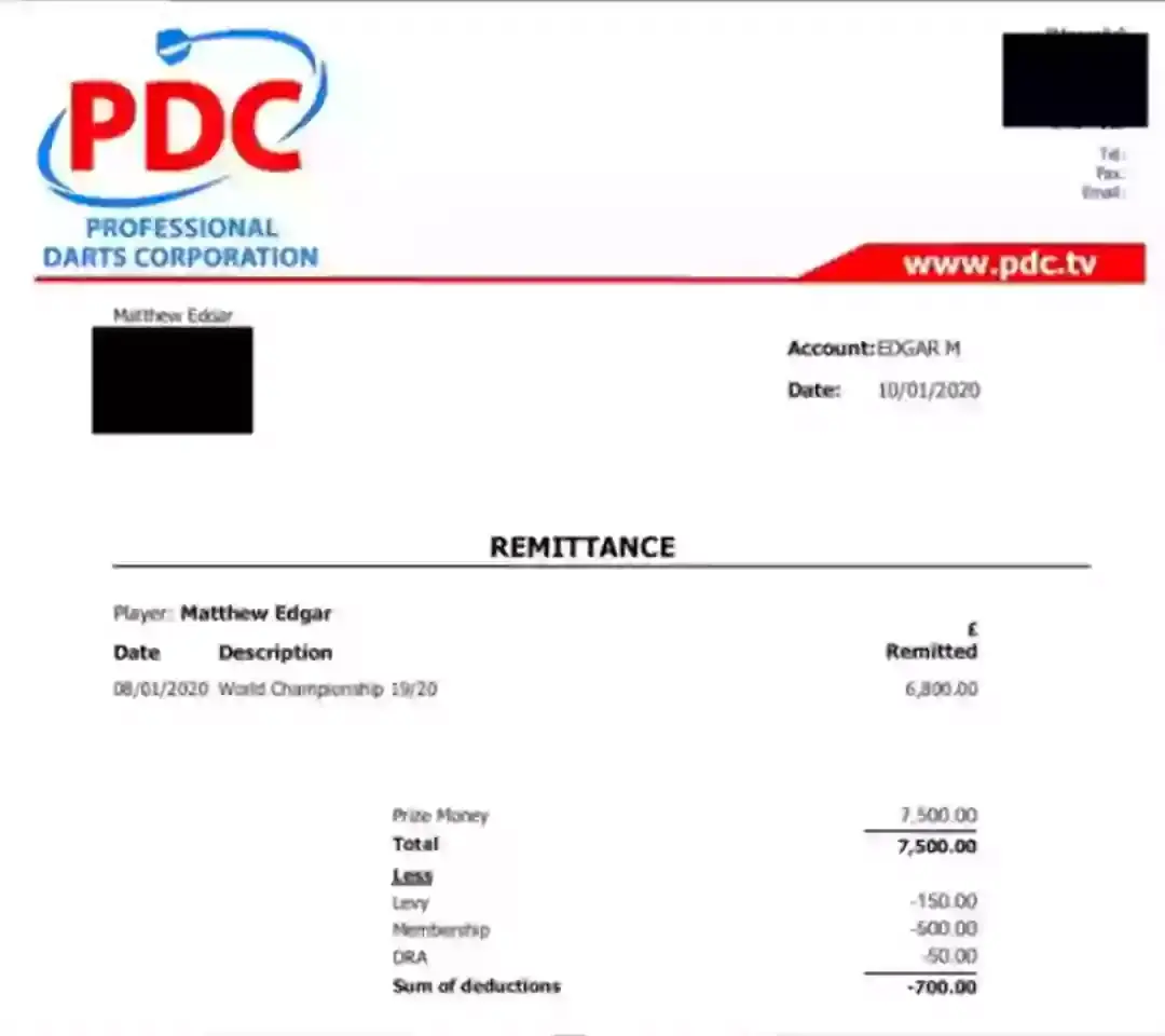 Matthew Edgar shared his PDC payslip online. Image: TikTok/Matthew Edgar 