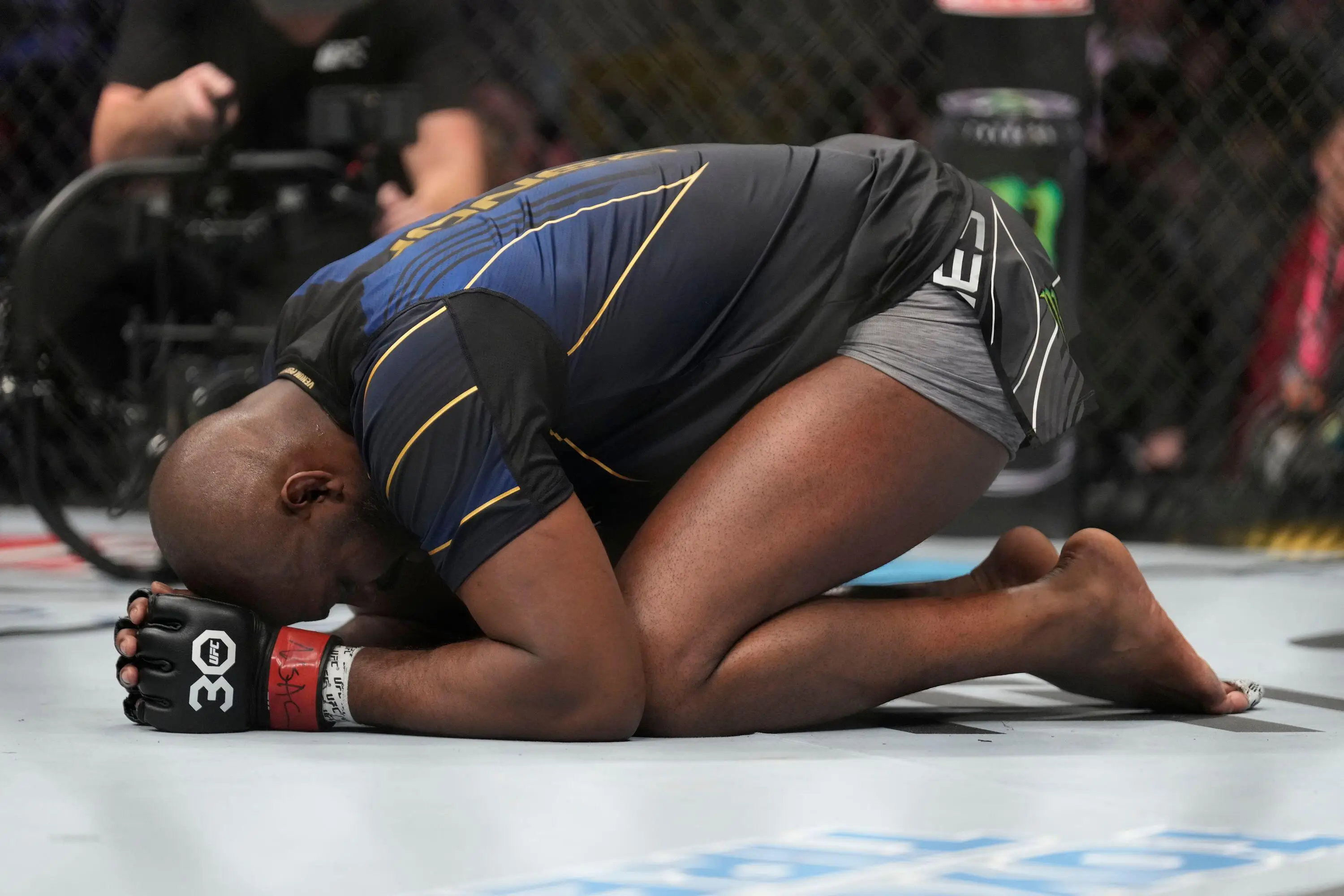 Jon Jones celebrates his victory over Ciryl Gane. Image: Alamy 