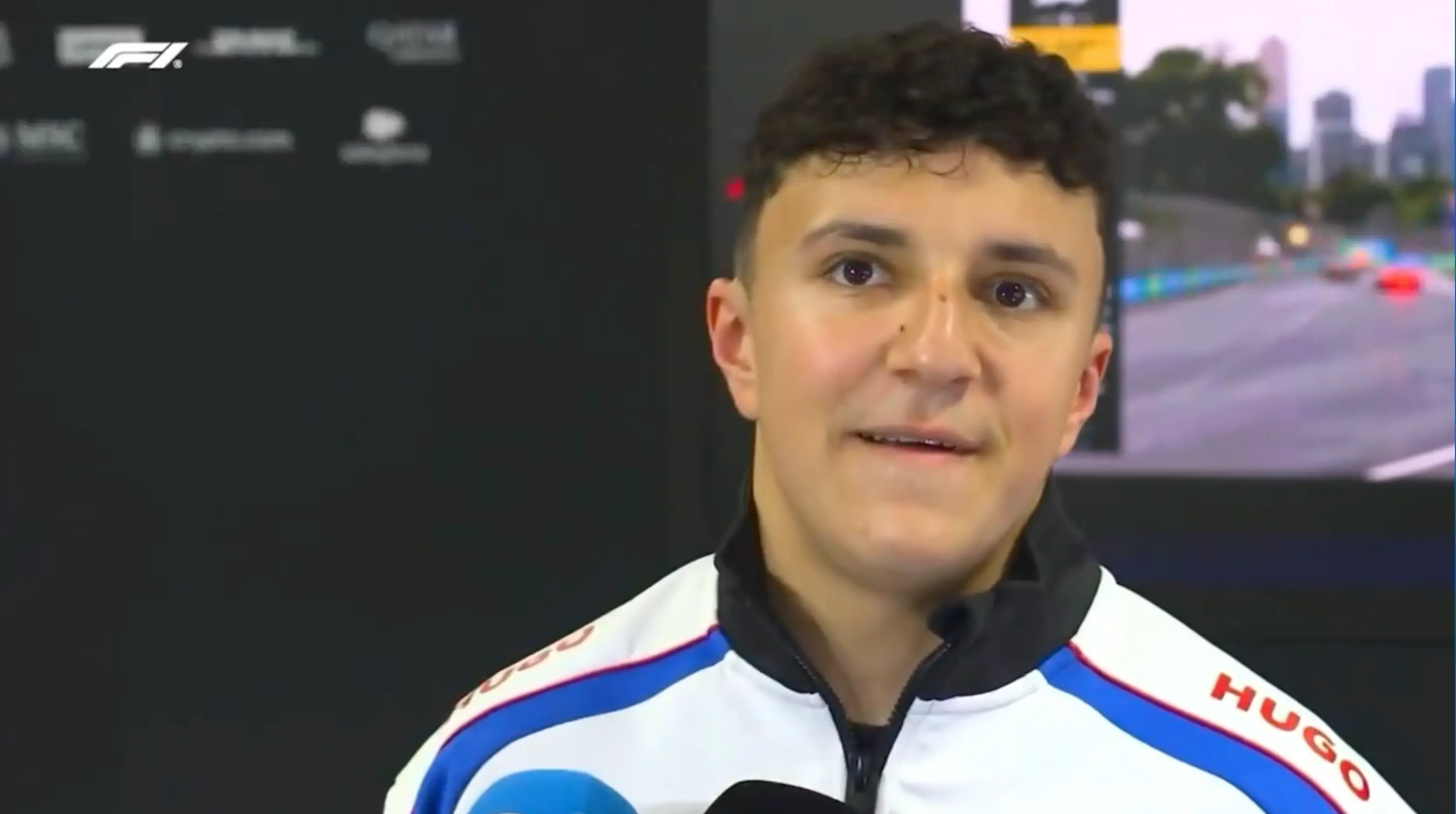 Isack Hadjar looked emotional as he spoke about his chat with Anthony Hamilton. Image credit: F1