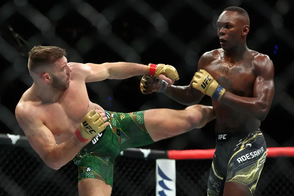 Middleweight champion Dricus du Plessis defended his belt against former champ Israel Adesanya last year. (Image: Getty)