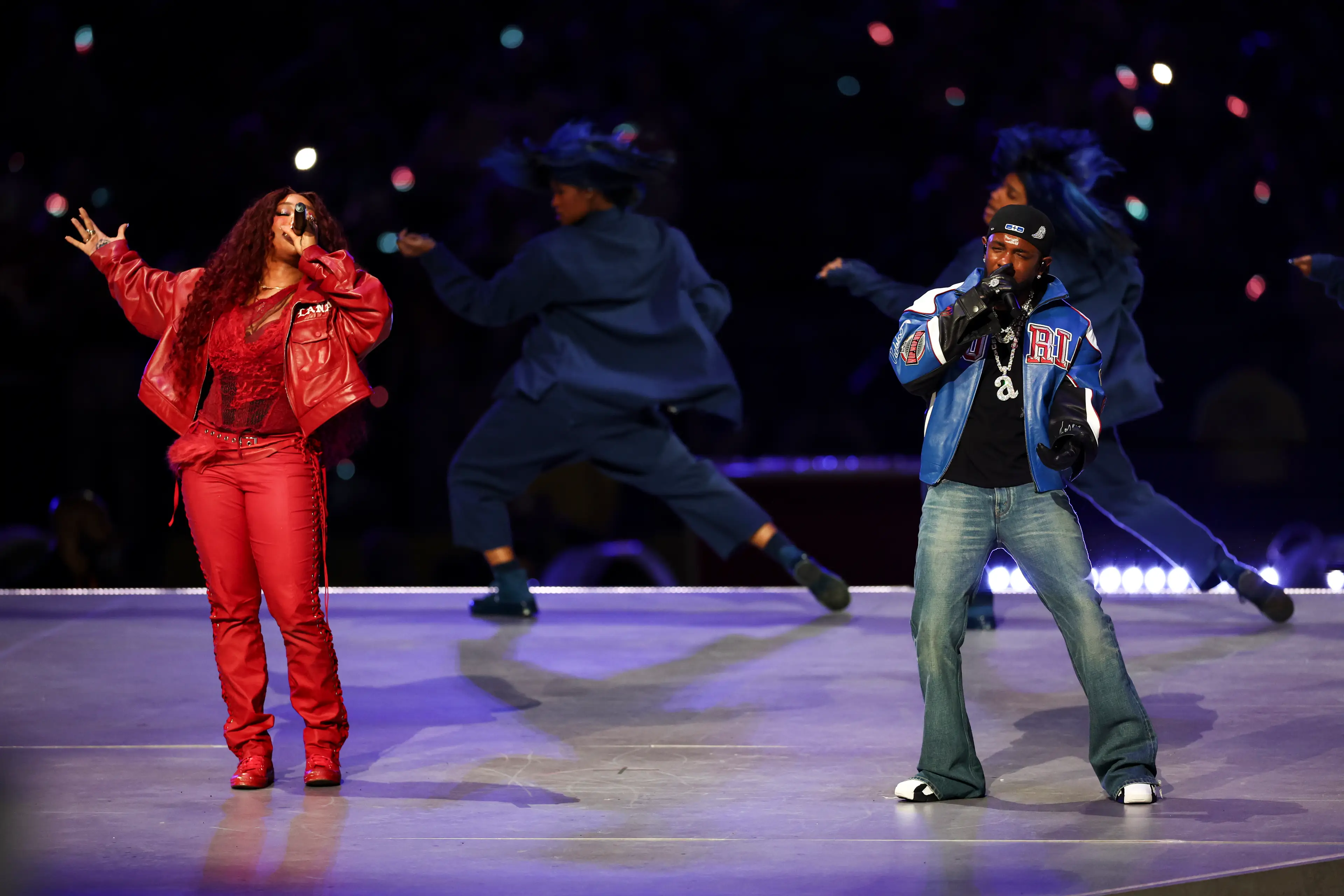 SZA joined Kendrick Lamar during the Super Bowl half-time show. Image: Getty