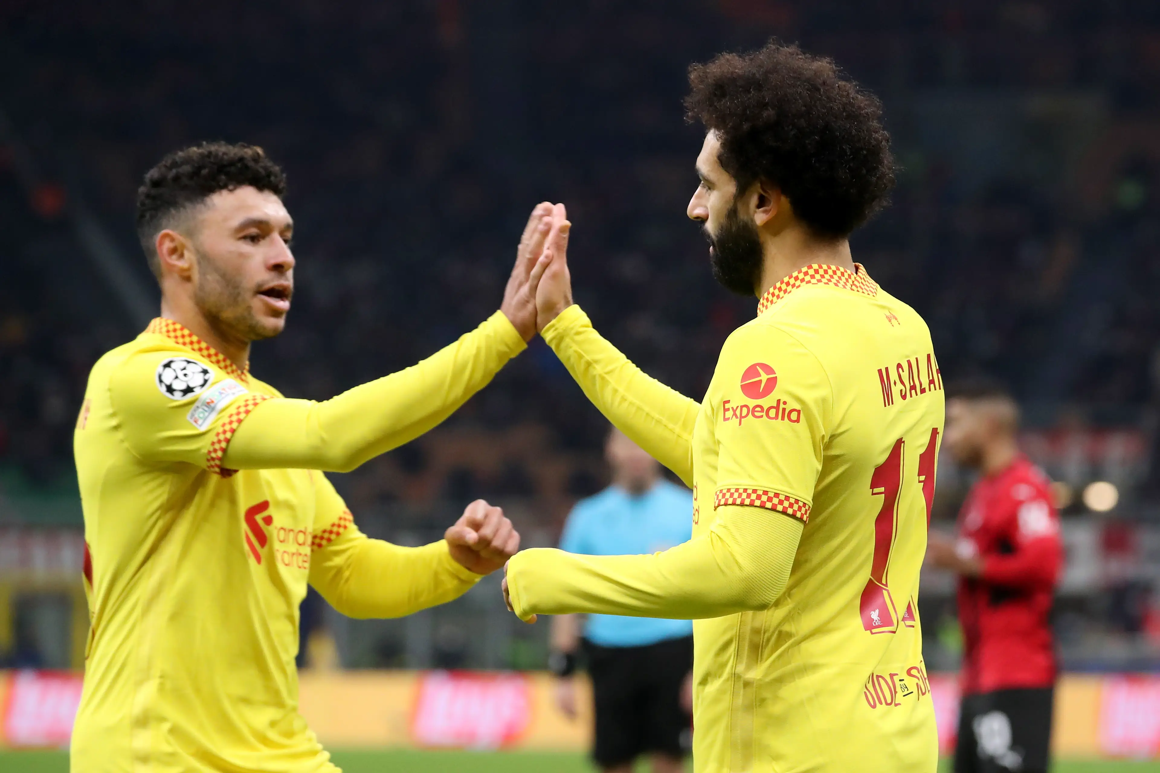 Alex Oxlade-Chamberlain celebrates with Mo Salah. Image: Getty