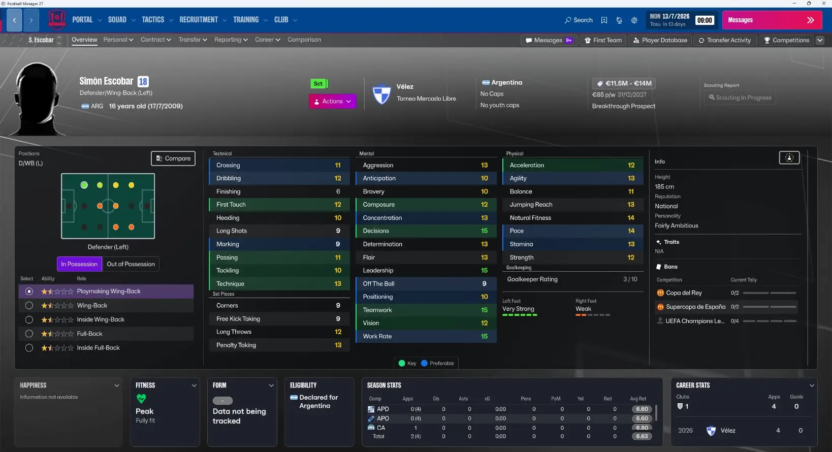 Simon Escobar's profile on Football Manager 27. Image credit: Sports Interactive - X/@Passion4FM