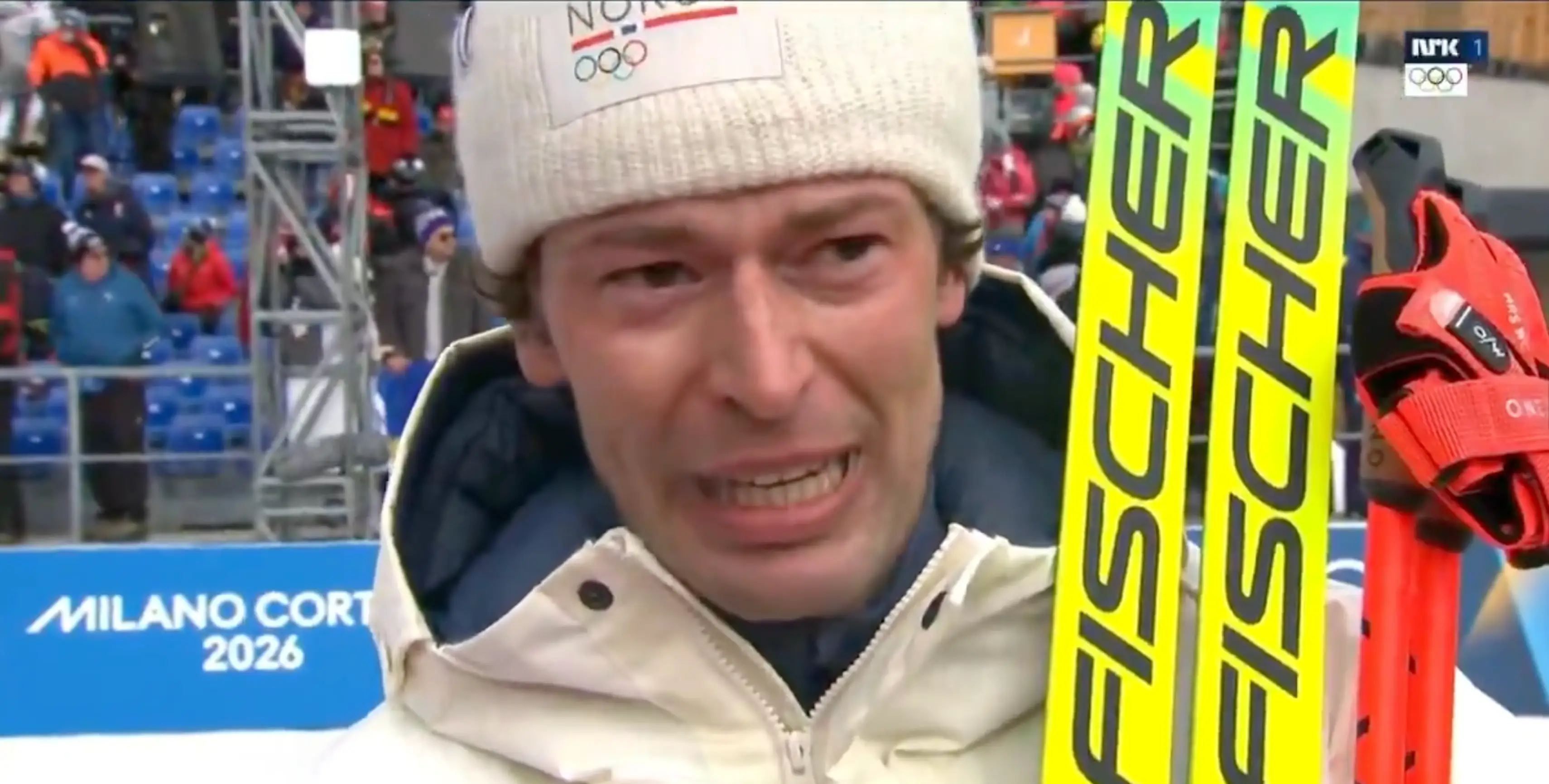 The Olympian was clearly emotional as he admitted to his indifelity. (Image: NRK TV)