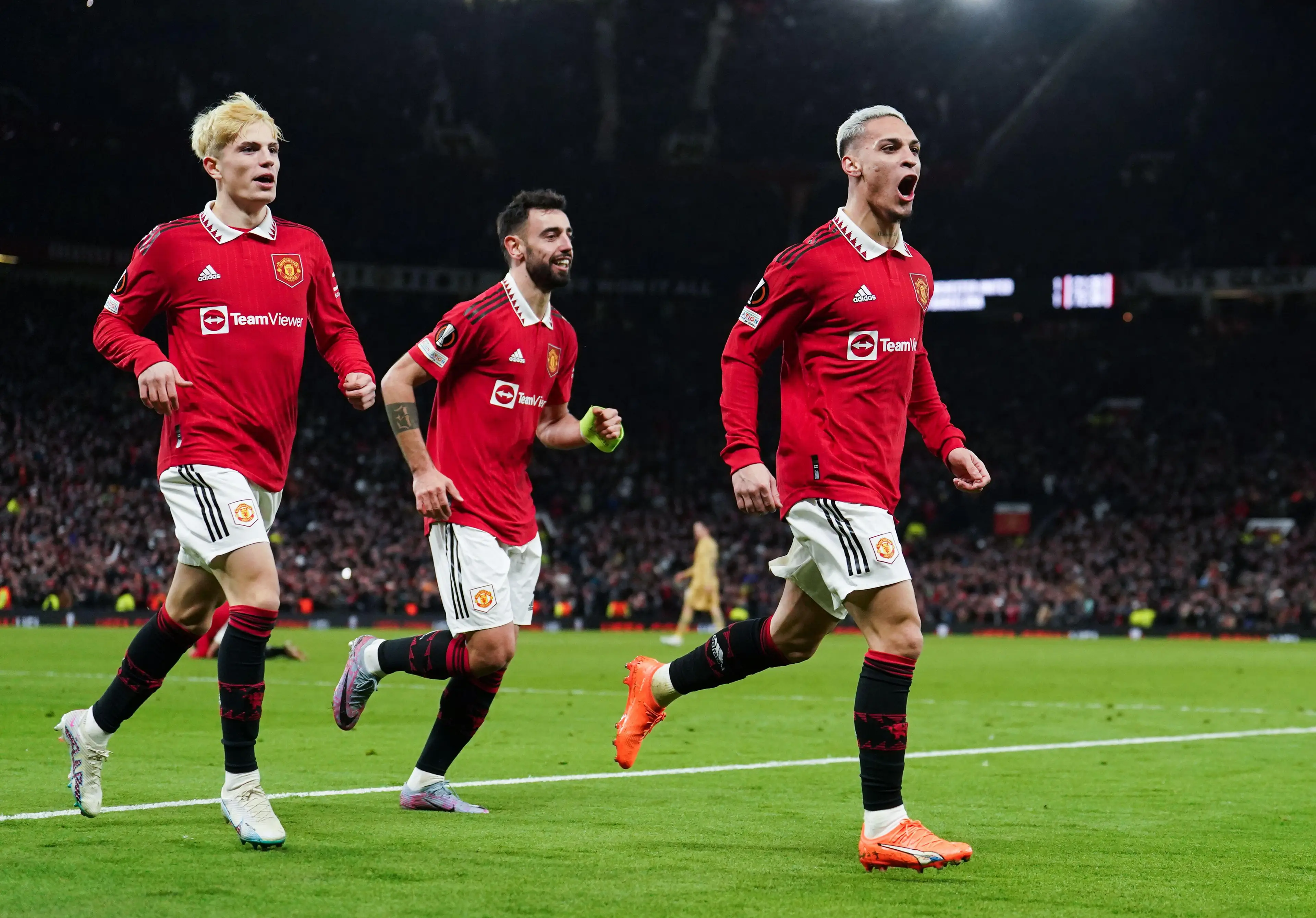 Antony celebrates scoring Man United's second goal against Barcelona. Image: Alamy 