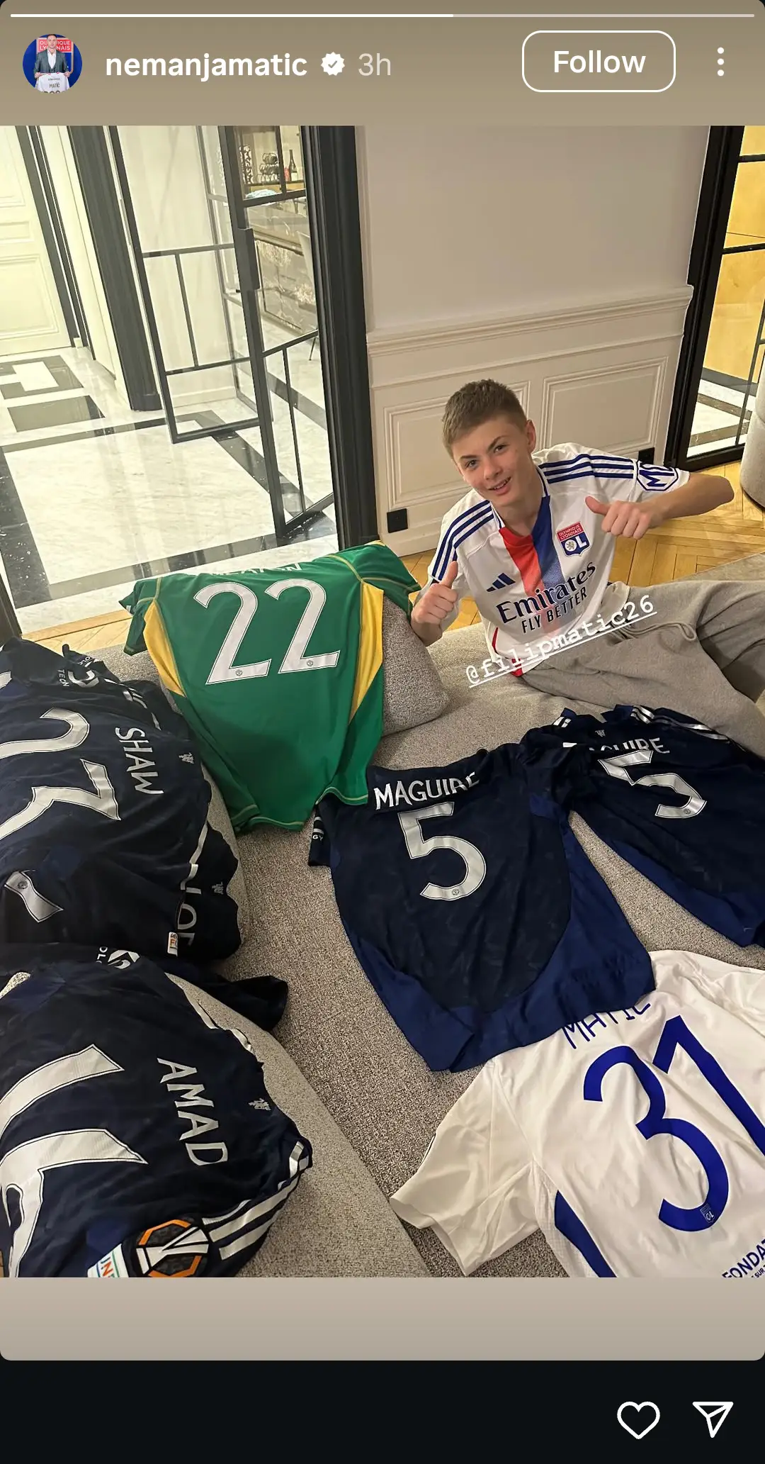 Nemanja Matic's sit posed next to Tom Heaton's goalkeeper shirt. Image:  Instagram/@NemanjaMatic