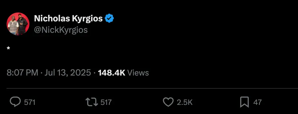 Nick Kyrgios' tweet following the 2025 Wimbledon final (credit: X)