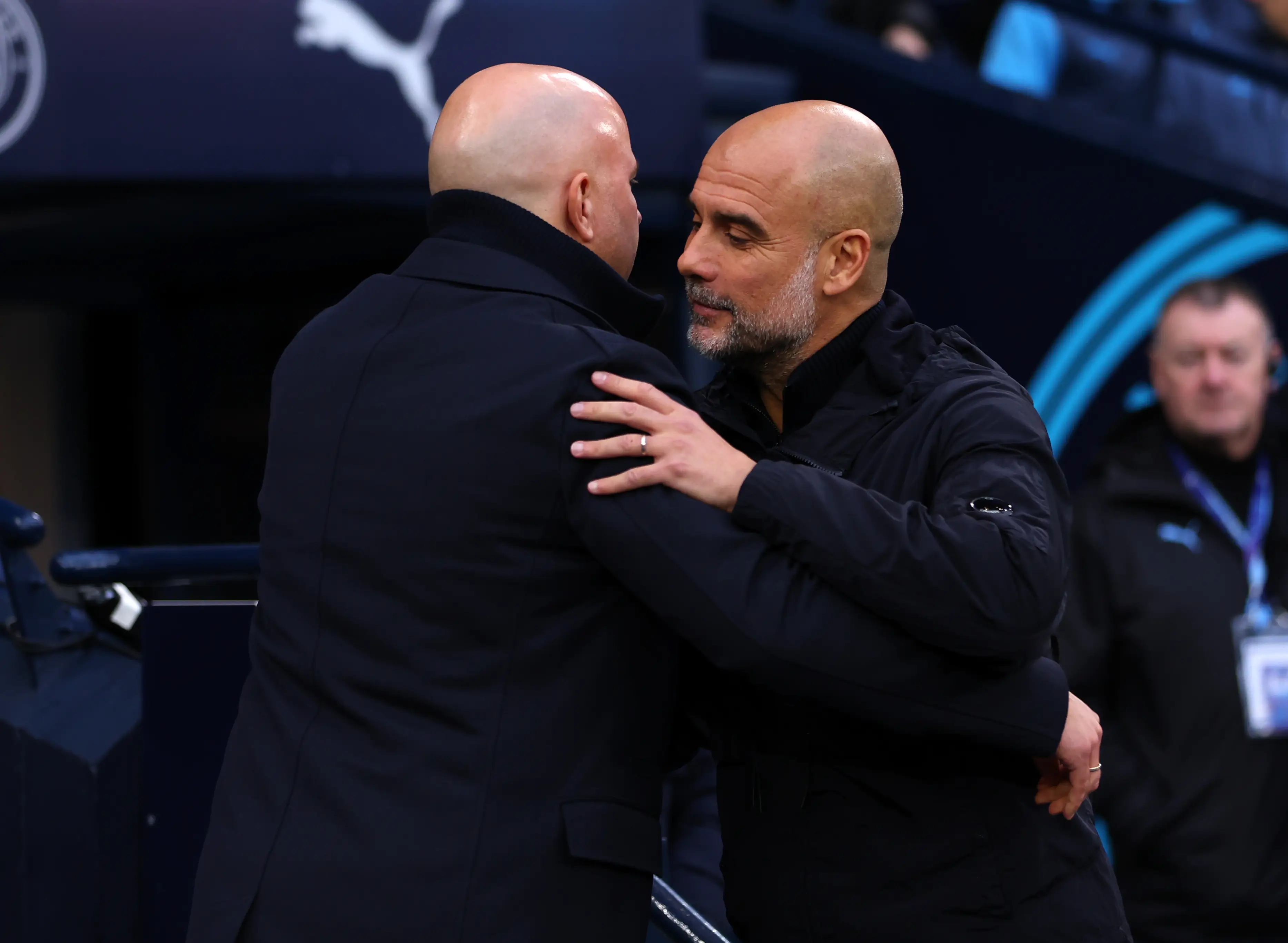 Arne Slot with Pep Guardiola following Liverpool's 2-0 win at The Etihad- Getty