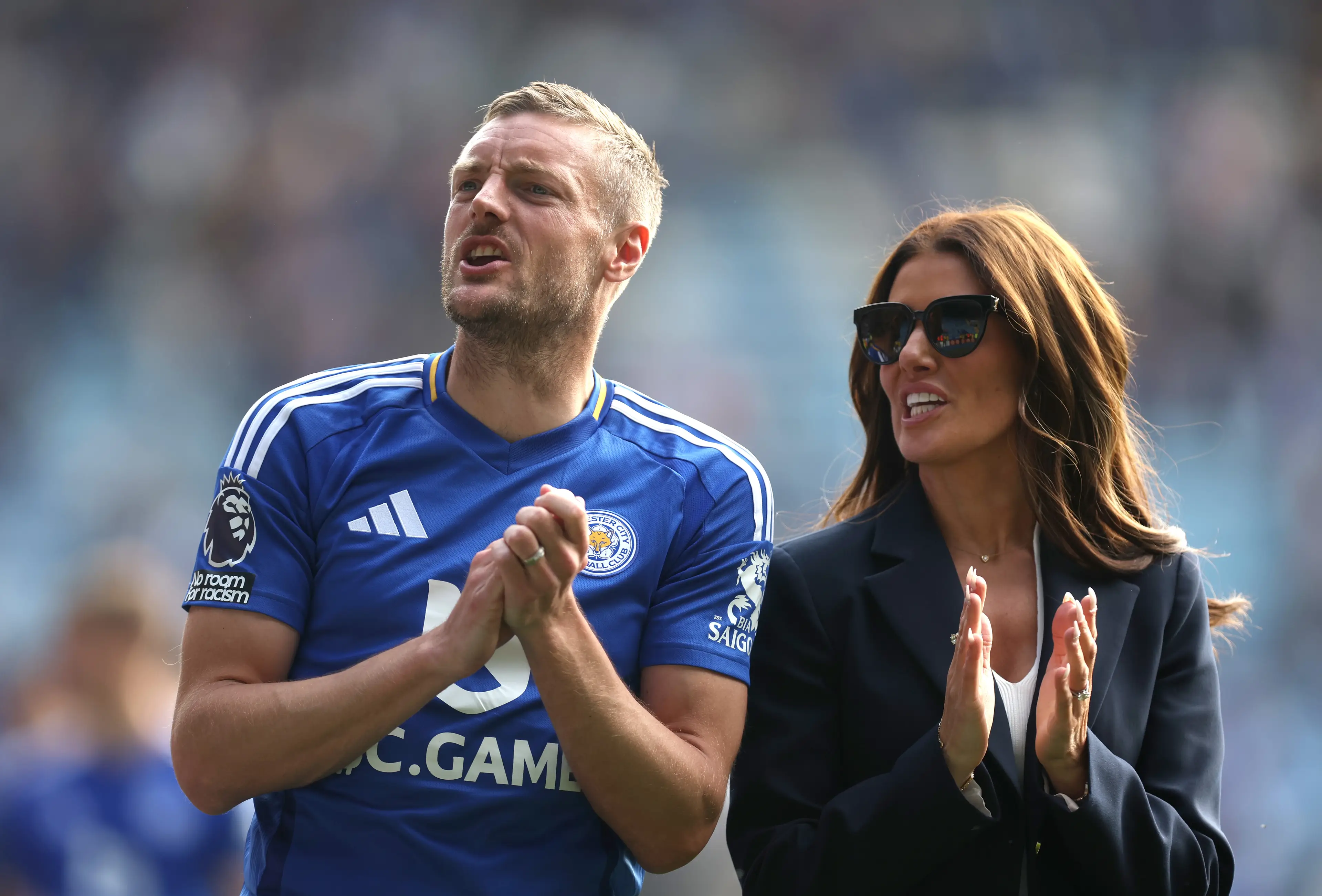 Jamie and Rebekah Vardy at the King Power Stadium. (credit: Getty)